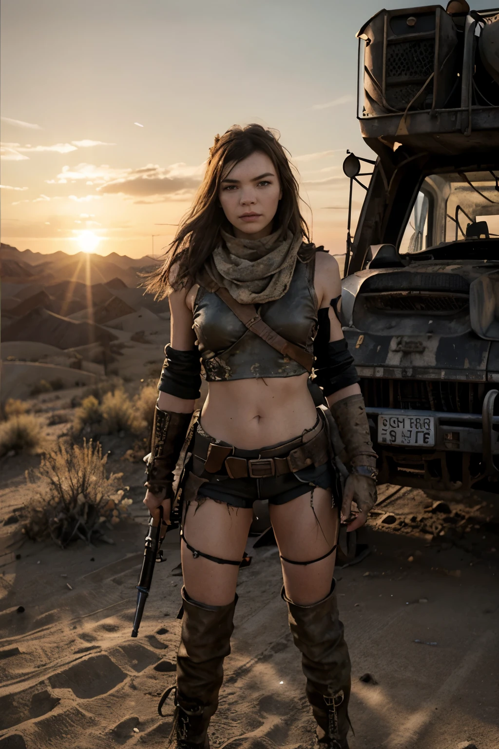 (Best quality, Ultra HD, Mad Max style: 1.1),anya taylor-joy, 16:10 aspect ratio, 8K resolution, dystopian landscape, post-apocalyptic setting, rugged terrain, sun-kissed desert, (gritty texture: 0.8), mad max costume, leather outfit, goggles, bandana, warrior bracelets, dusty boots, weapon in hand, fierce expression, sun-weathered skin, wind-blown hair, (hyper-realistic: 1.3), action-packed scene, dramatic shadows, intense colors, (detailed stippling: 0.6),