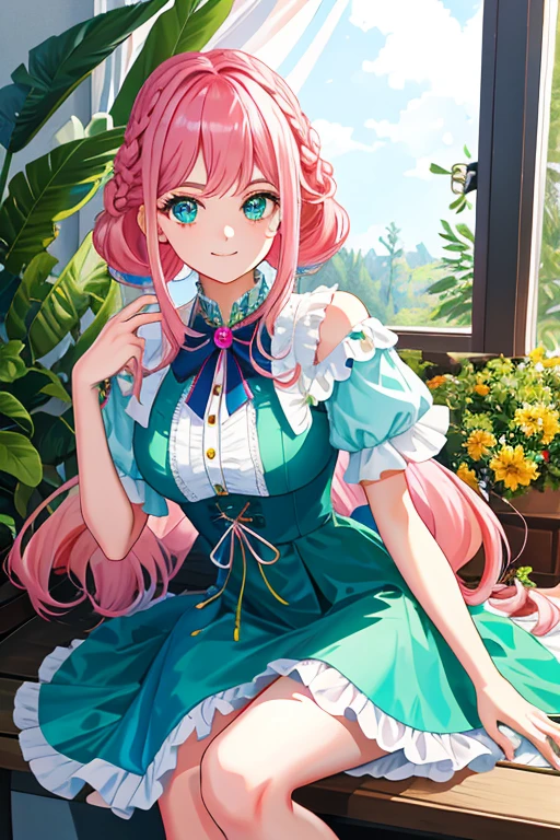A jovem de 18 anos estava em seu quarto em casa, usando um belo vestido de noiva, with an elegant braided hairstyle. She had medium pink hair and detailed aqua eyes.. With a playful smile on her face and her hair tucked behind her ears, ela olhava diretamente para o espectador. The image quality was unparalleled, ultra-detailed photorealism at an 8k screen resolution. O detalhe do rosto era impressionante, com olhos lindos e um olhar cativante. A jovem estava usando um simples shorts