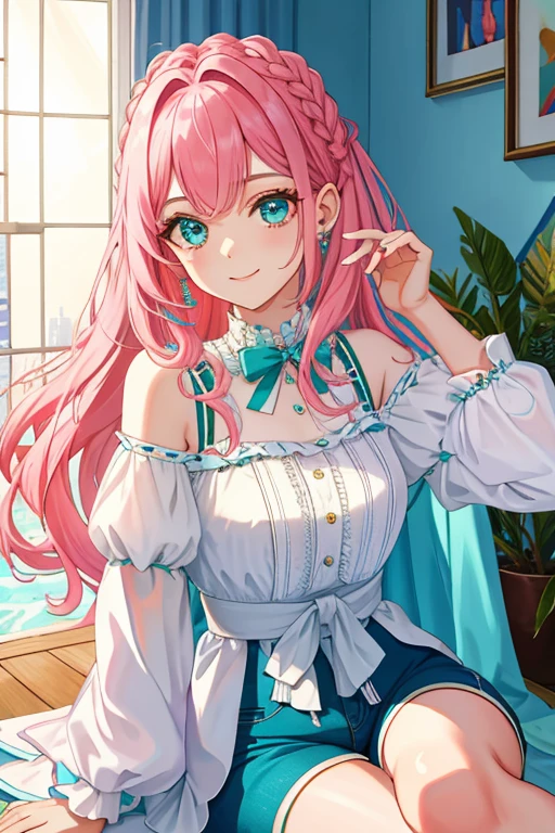 A jovem de 18 anos estava em seu quarto em casa, usando um belo vestido de noiva, with an elegant braided hairstyle. She had medium pink hair and detailed aqua eyes.. With a playful smile on her face and her hair tucked behind her ears, ela olhava diretamente para o espectador. The image quality was unparalleled, ultra-detailed photorealism at an 8k screen resolution. O detalhe do rosto era impressionante, com olhos lindos e um olhar cativante. A jovem estava usando um simples shorts