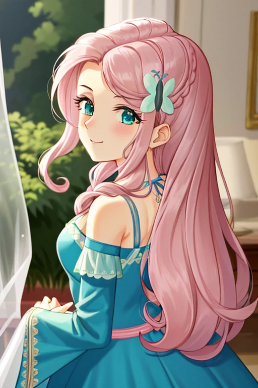 A 18-year-old girl was in her room at home, dressed in a beautiful white wedding gown, adorned with an elegant braided hairstyle. Her medium pink hair was intricately detailed, cascading down her back in soft waves. With a playful smile on her face and her hair tucked behind her ears, she gazed directly at the observer. The image quality was unparalleled, boasting ultra-detailed photorealism at an 8k screen resolution. The detail of her face was captivating, with lovely aqua eyes that sparkled with charm. The young girl wore a simple pair of lace shorts underneath the gown, completing her wedding attire.