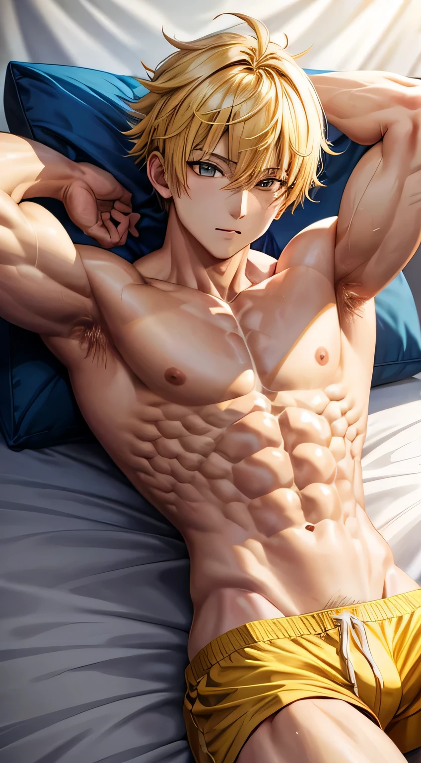 Shirtless anime guy muscular with yellow hair
 Bts style 
6 pack abs 
Lying on the bed