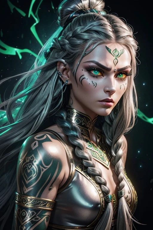 (wild metallic silver shiny flowing wavy braided hair) (deadly glowing emerald eyes) (warrior female) (heart shaped face) (tribal face tattoo) (high defined cheekbone) (strong expression) (fantasy ethereal quality)