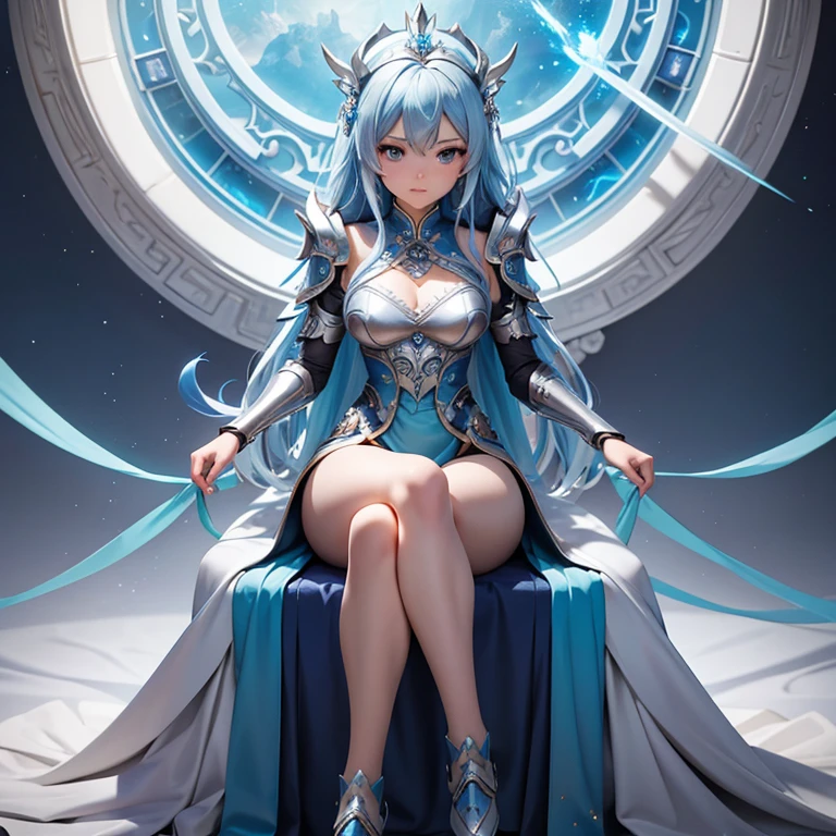 a close up of a woman in a silver and blue dress, chengwei pan on artstation, by Yang J, detailed fantasy art, stunning character art, fanart best artstation, epic exquisite character art, beautiful armor, extremely detailed artgerm, detailed digital anime art, artgerm on artstation pixiv, armor girl, sitting on glass throne, legs spread apart