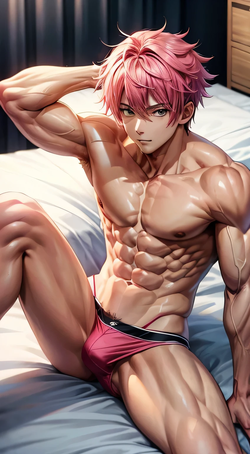 Shirtless anime guy muscular with pink hair
 Bts style 
6 pack abs 
Lying on the bed