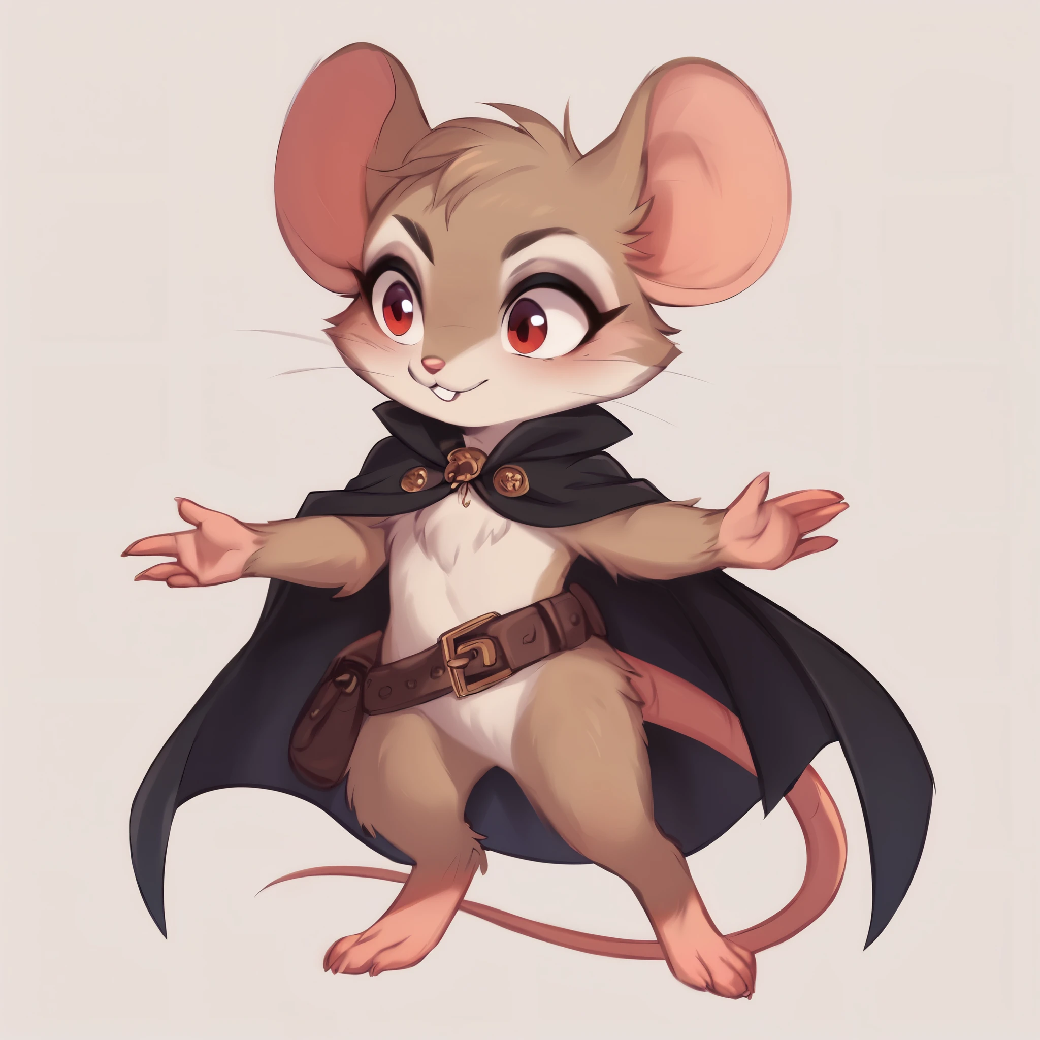 score_9, score_8_up, score_7_up, score_6_up, score_5_up, score_4_up, show accurate, full body, simple background, (solo), (semi anthro), mouse, female mouse, fur body, ultra fine fur, standing, red eyes, ((light brown dull fur)), black color open cape, (arms and legs covered in black bandages), leather belt backpack, leather breastplate in the shape of a pentagon,