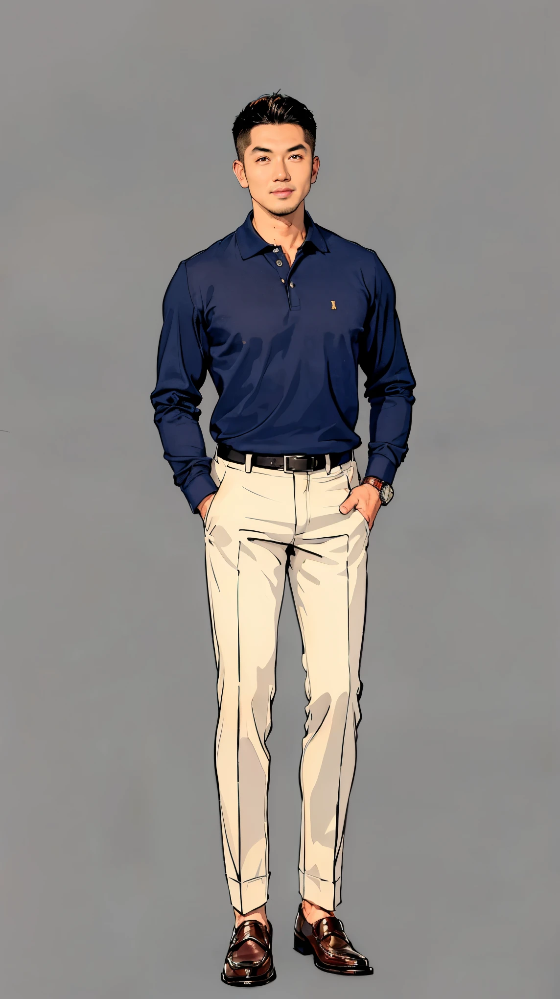 ((best quality,4k,highres,masterpiece:1.2)),((character concept art)), 1 male, 45-year-old Japanese-American man, tech billionaire, business tycoon, ((dark blond hair)), mix-Asian look, friendly, attractive, outgoing, lustful, womanizer, athletic body, tall, charming smile, light brown eyes, ((intricate detail)), super finely detailed hands, ultra finely detailed fingers(((ten fingers))), well-groomed and well-dressed, ((wearing a dark navy long-sleeve polo shirt from Brunello Cucinelli, white trousers from Loro Piana, and brown suede loafers. He's also wearing a luxury wristwatch)). He is standing confidently, (full body showcase), (show full body), (no logos on background), (no logo), ((plain background)), ((plain background)), (((empty background))).
