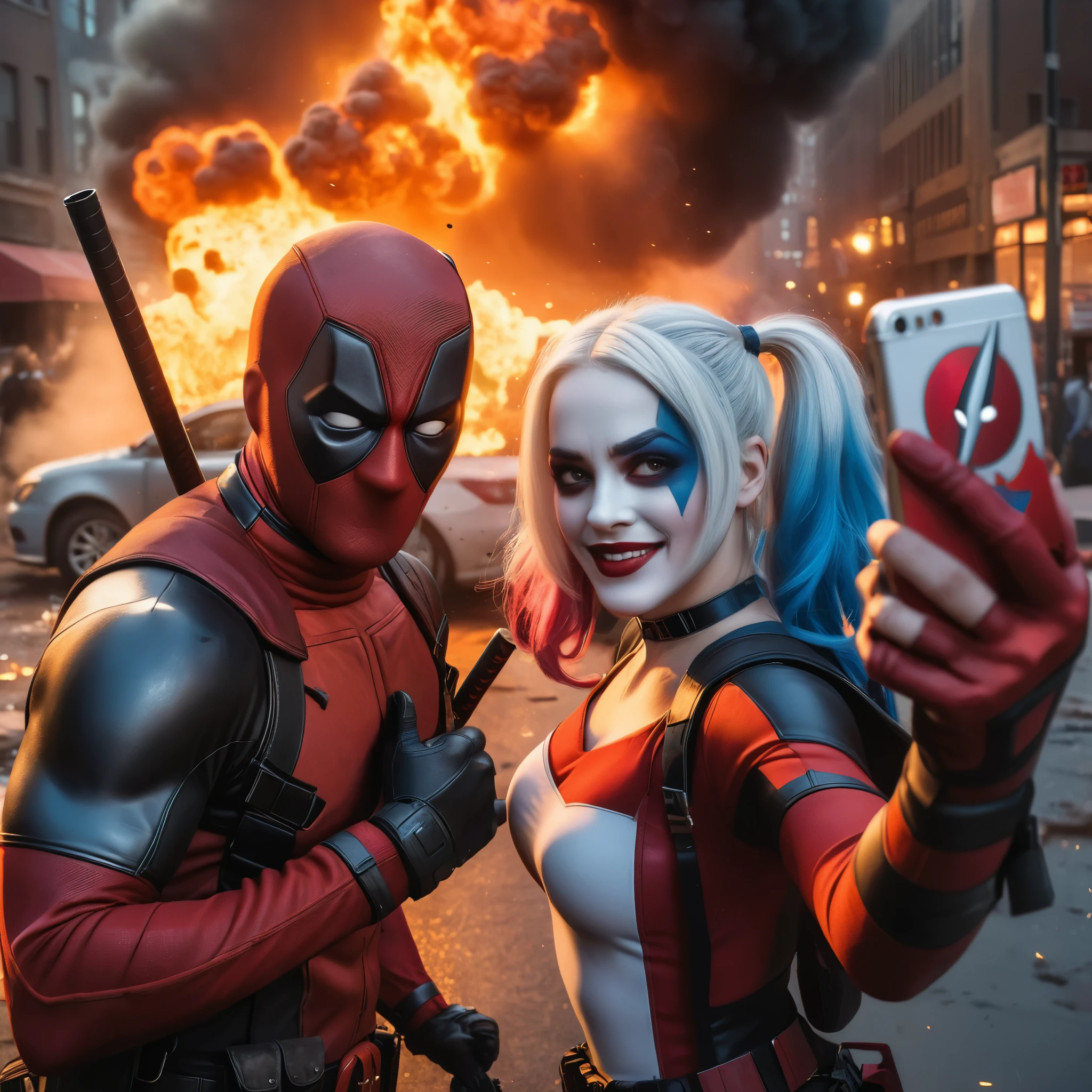 (best quality,4k,8k,highres,masterpiece:1.2),ultra-detailed,(realistic,photorealistic,photo-realistic:1.37),deadpool,harley quin,comic book style,action-packed,explosions,destruction,funny expressions,selfie,red and blue color scheme,vibrant lighting,cityscape,urban setting,gritty texture,hi-tech weapons,smoke and dust effects,fast-paced,dynamic poses, intense energy, comic book speech bubbles,crazy adrenaline rush,complimentary color contrast,edgy and rebellious, intense superhero action