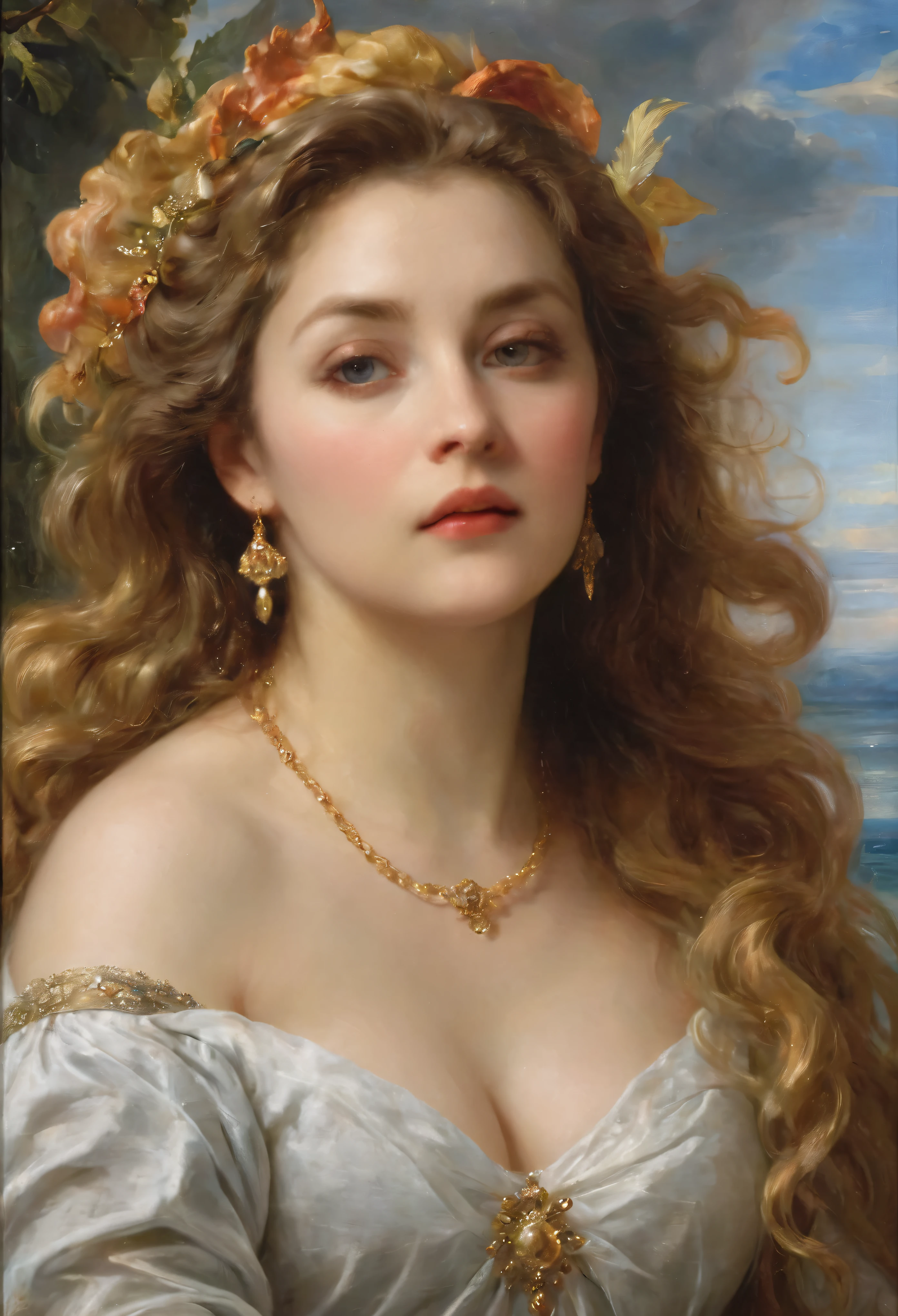 Original Character, ethereal beauty, aesthetic, Masterpiece, Beautiful Middle aged Woman, fleshy figure, thick figure, Full figured lady, middle aged beautiful woman, Best quality, high clarity eyes, critically flawless,sharp picture, styled hair, long hair, fluffy hair, Full portrait, High pixels, perfect face, perfect eyes, beautiful face, perfect hands,perfect fingers, in Peter Paul Rubens style, by Peter Paul Rubens, baroque style, acrylic on canvas, highly detailed, description: "Create a nymph inspired by the tales of Greek or Roman mythology, embodying the essence of a natural element or location, and possessing a unique ability or trait that sets her apart."