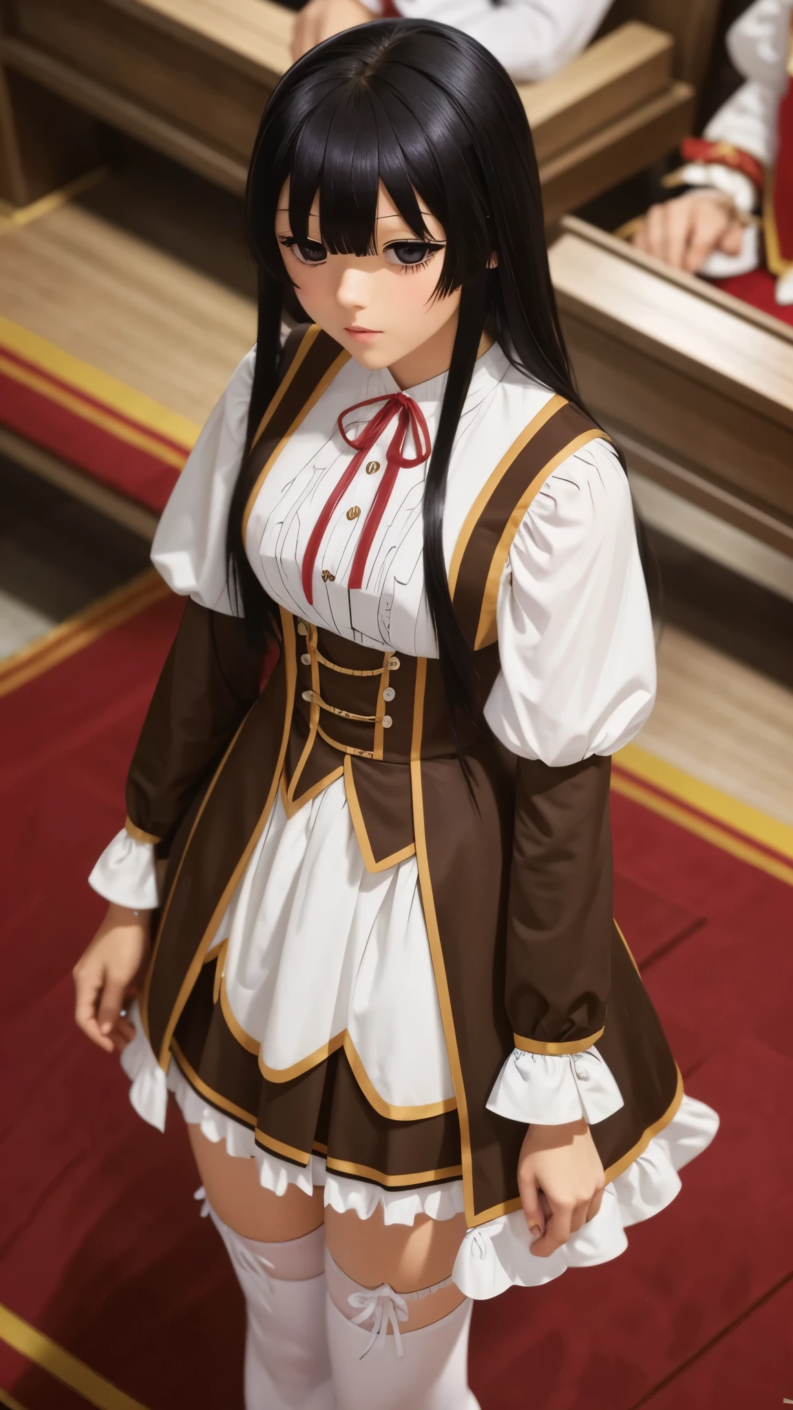 eumi, 1girl, solo, long hair, blunt bangs,bangs, black hair, black eyes, looking at viewer,
shirt, long sleeves, ribbon, closed mouth, , white shirt, pleated skirt, frills, puffy sleeves, brown skirt, black thighhighs, red ribbon, neck ribbon, expressionless,