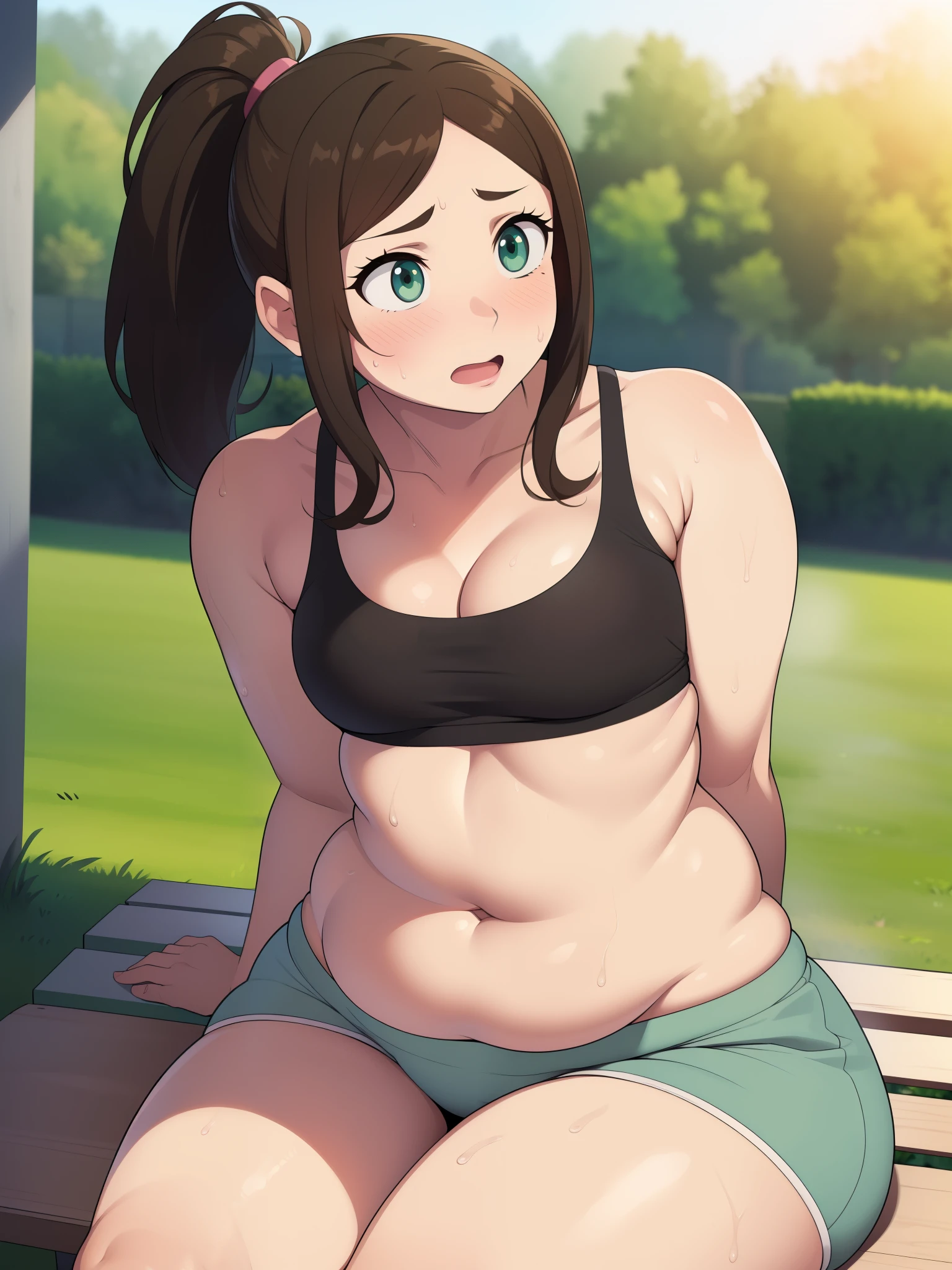 ((Masterpiece)), perfect anatomy, perfect shading, field of depth, (best quality), extremely delicate and beautiful, perfect lighting, detailed face, ultra cute face, cute, (1girl), (solo),

short fluffy brown hair, ponytail, green eyes, ((blush)), (embarrassed), looking at viewer, sports bra, gym shorts, cleavage, small breasts, ((thick thighs)), ((wide hips)), chubby, 

intricate background, detailed background, park, standing, out of breath, sweating, wet clothes, sitting on bench, belly grab,
