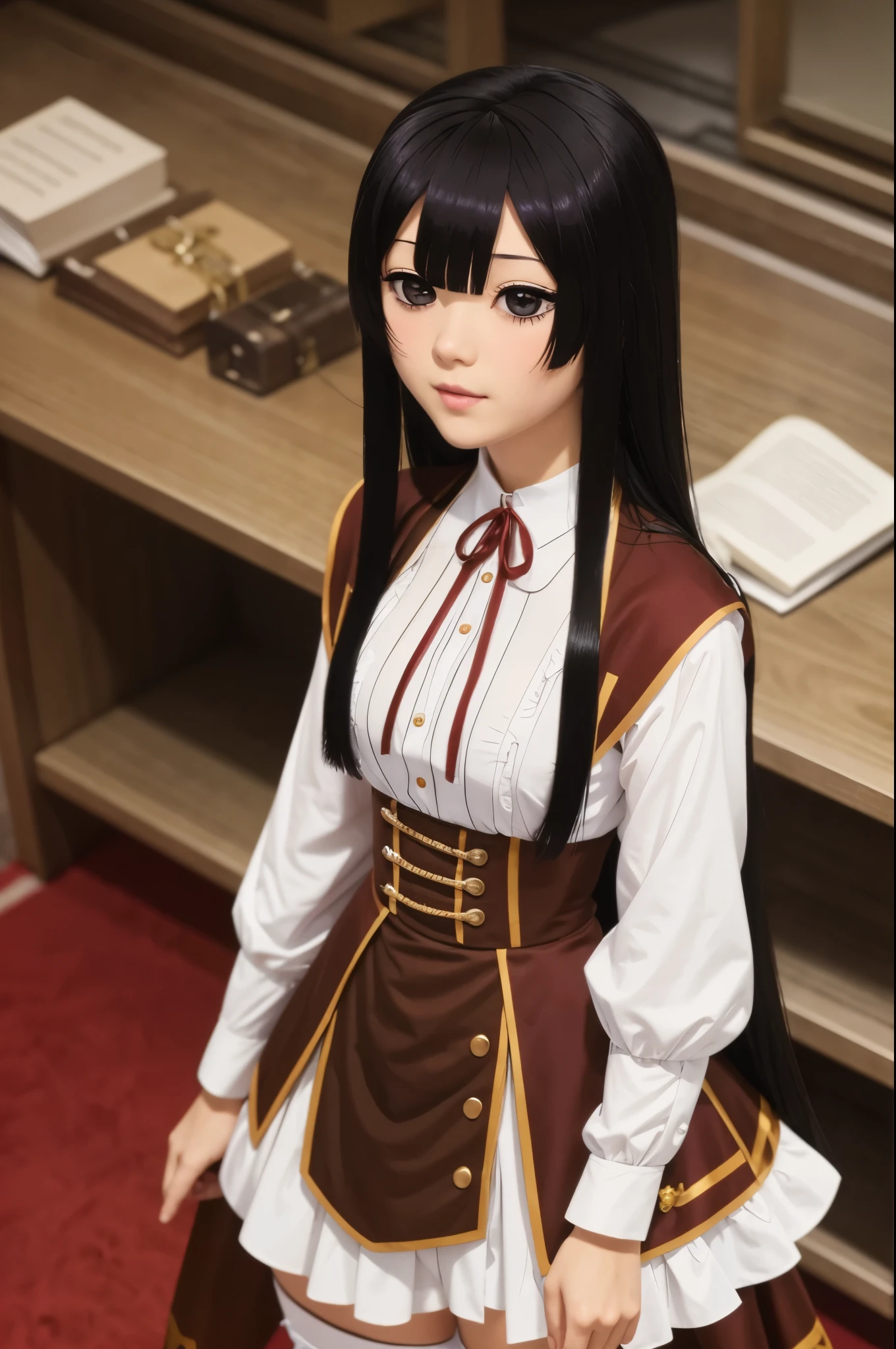 eumi, 1girl, solo, long hair, blunt bangs,bangs, black hair, black eyes, looking at viewer,
shirt, long sleeves, ribbon, closed mouth, , white shirt, pleated skirt, frills, puffy sleeves, brown skirt, black thighhighs, red ribbon, neck ribbon, expressionless,