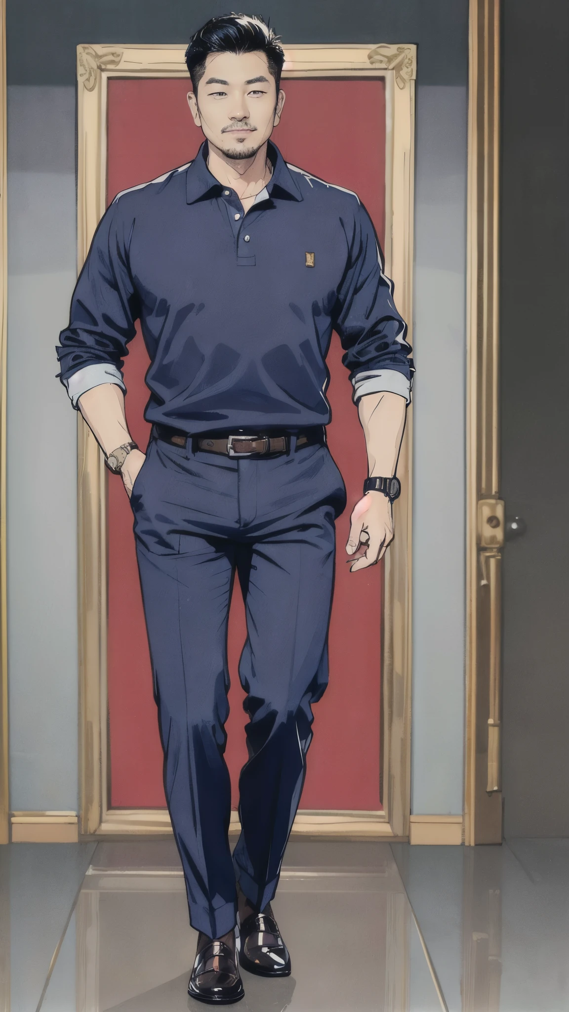 ((best quality,4k,highres,masterpiece:1.2)),((character concept art)), 1 male, 45-year-old Japanese-American man, tech billionaire, business tycoon, ((dark blond hair)), mix-Asian look, friendly, attractive, outgoing, lustful, womanizer, athletic body, tall, charming smile, light brown eyes, ((intricate detail)), super finely detailed hands, ultra finely detailed fingers(((ten fingers))), well-groomed and well-dressed, ((wearing a dark navy long-sleeve polo shirt from Brunello Cucinelli, white trousers from Loro Piana, and brown suede loafers. He's also wearing a luxury wristwatch)). He is standing confidently, (full body showcase), (show full body), (no logos on background), (no logo), ((plain background)), ((plain background)), (((empty background))).