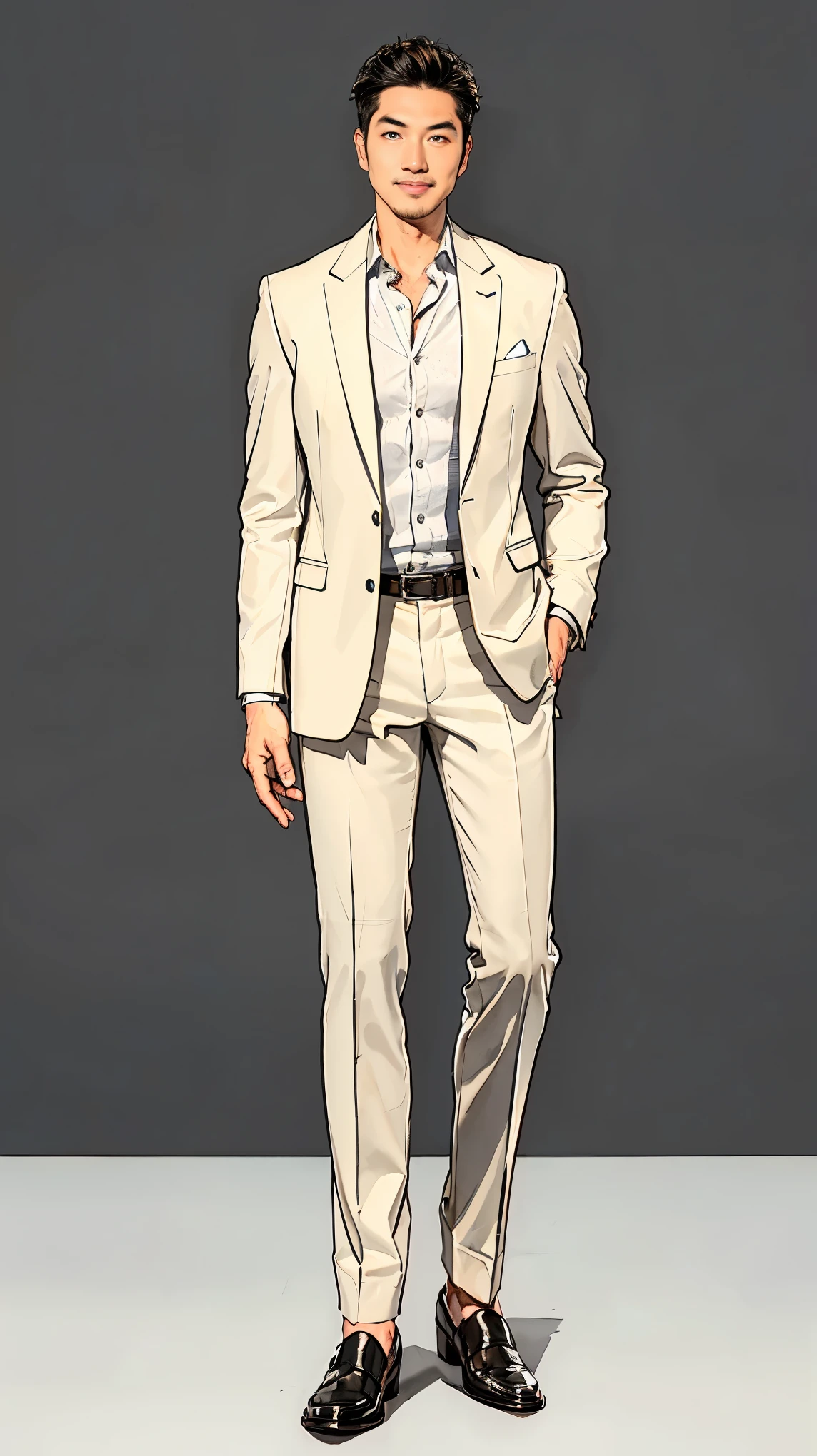 ((best quality,4k,highres,masterpiece:1.2)),((character concept art)), 1 male, 45-year-old Japanese-American man, tech billionaire, business tycoon, ((dark blond hair)), mix-Asian look, friendly, attractive, outgoing, lustful, womanizer, athletic body, tall, charming smile, light brown eyes, ((intricate detail)), super finely detailed hands, ultra finely detailed fingers(((ten fingers))), well-groomed and well-dressed, wearing a linen blazer jacket, casual linen shirt, and linen trousers. He's also wearing luxury loafers and a luxury wristwatch. He is standing confidently, (full body showcase), (show full body), (no logos on background), (no logo), ((plain background)), ((plain background)), (((empty background))).