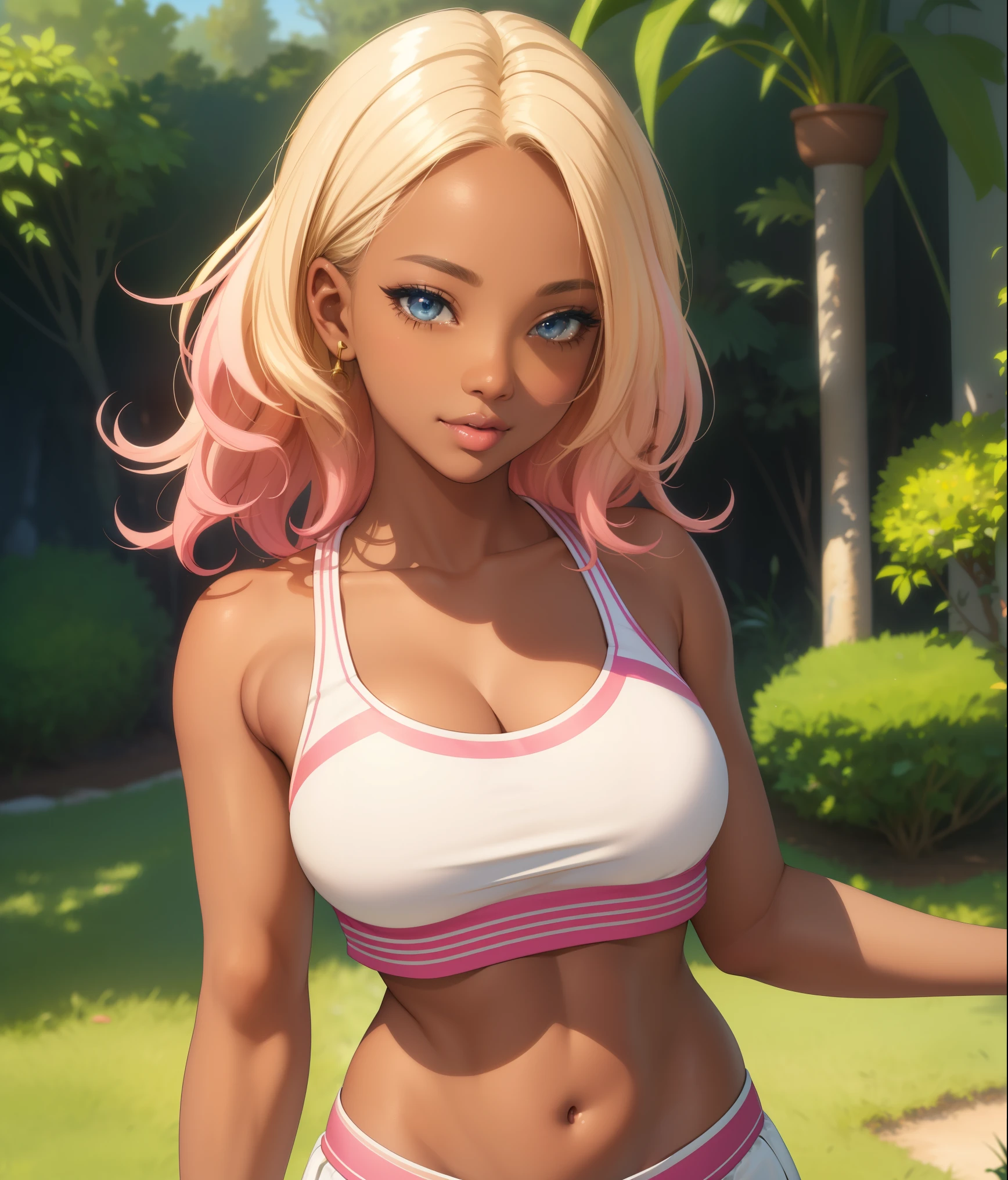 Highest Quality, masterpiece, beautifully detailed eyes, (dark skin), short Blonde Hair, Gradient Hair, pink highlights in hair, large breasts, standing, makeup, glossy lips, full lips, (natural lighting), grass, cheerleader, light smile, midriff, collarbone