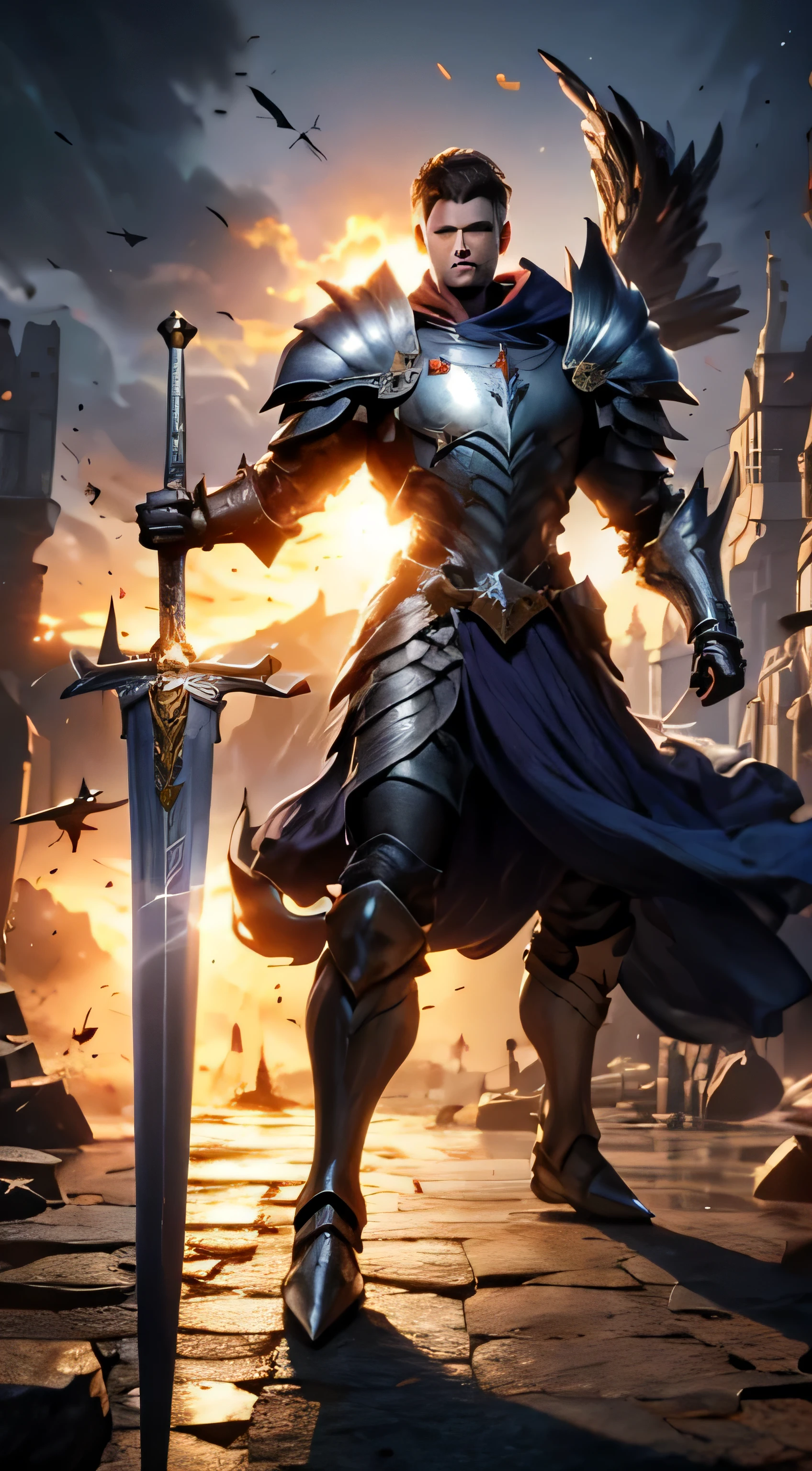 masterpiece, best quality,8k resolution,realistic,, 1 boy, male wearing big iron silver armor, knight class from game (night crows),use two handed big sword, large cape , spike hair, short hair, ready to fight pose, holding a large sword on his back