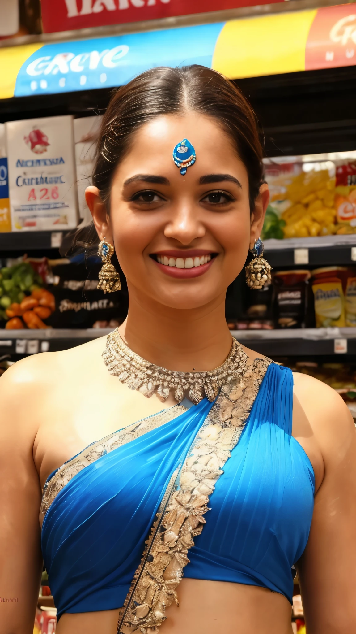 extreme close up photo of naked Latina, hourglass figure, swooping breasts, deep cleavage, open arms, sexy armpits, seducing in grocery store, ponytail, necklace, blue see through strapless saree, look at viewer and subtle smile, (cinematic:1.3), intricate details, (ArtStation:1.2)