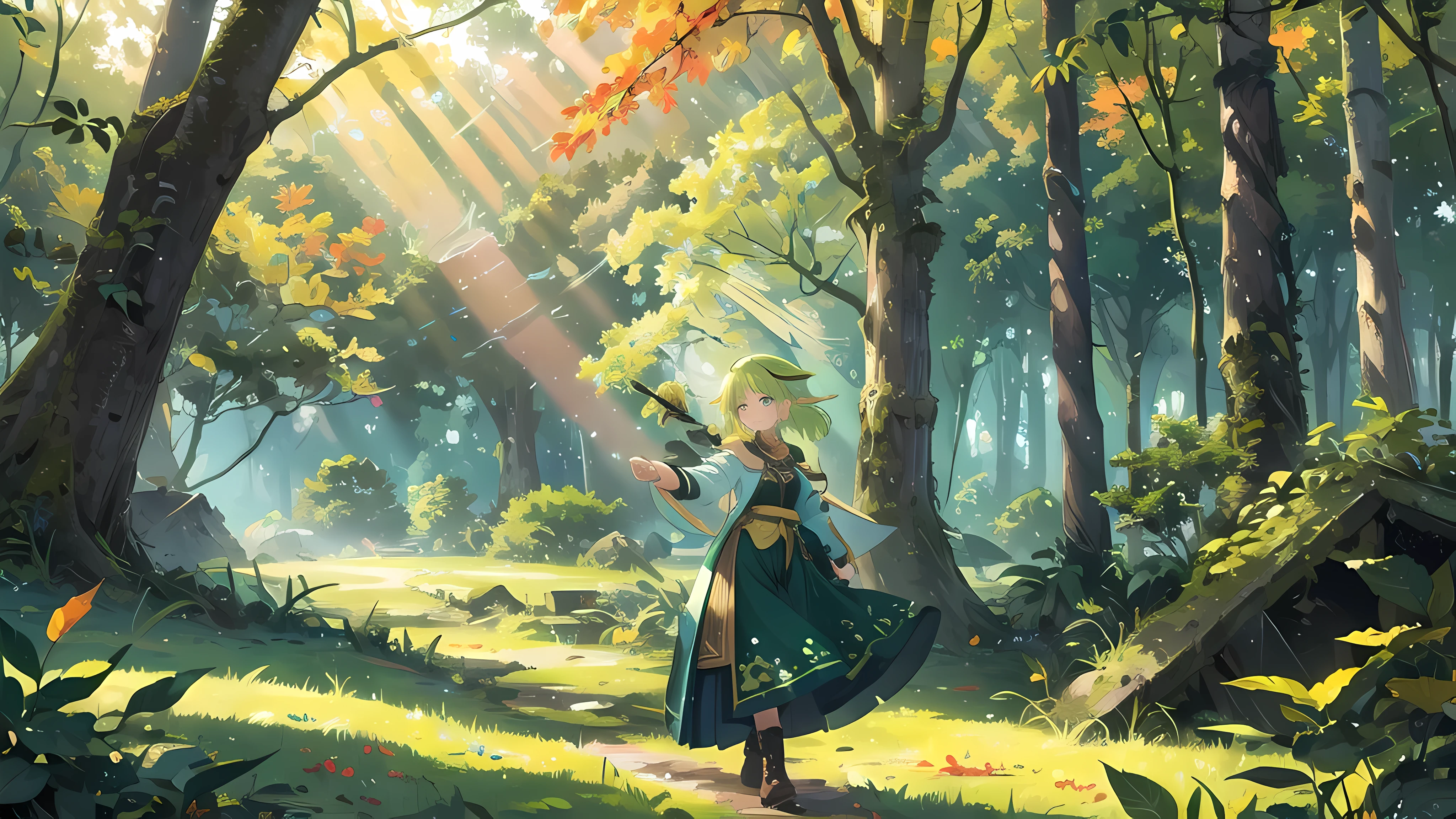 (1girl, solo), alluring forest elf, archer, mysterious, (green to yellow) hair, plait-hair, plait hairstyle, green eyes, cute, youthful body. She is living in close touch with nature. She is wearing (creative forest-clothes). She is walking in a forest with old ruins, enjoying the breeze of the wind during autumn, (autumn trees), falling leaves, colorful leaves, leaves dancing in the wind. (Old ruins in the background) with moss and flowers growing on it. Rays shining through the leafy canopy of the forest. A mesmerizing play of light and shadow is created when sunlight filters through the leaves and foliage of trees, the patterns of light and darkness dance on the ground, creating a magical atmosphere. (Sunset).(Worm's-eye view), (wide-angle). (best quality, masterpiece), expressive eyes, perfect face.