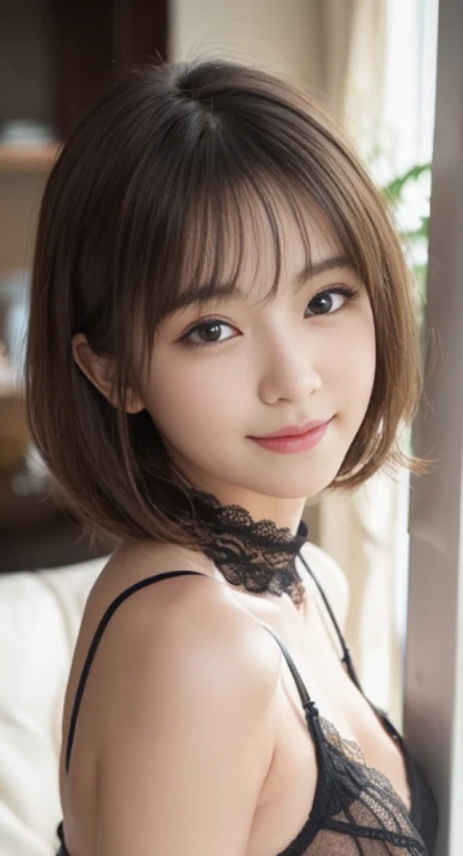 (Very cute 20 year old young woman from Japan), ((Delicate hair between brown and blonde)), ((Messy side wave short hair)),(((Slender body shape))),medium bust、small tits、 (((clean hands))),(curls),(((Very sweet smile))), (((She is wearing black lace panties))),(((She is wearing a black knitted dress))) ((highest quality, 16K, on the table: 1.3)), There is light on the face, Super detailed face, very delicate lips, delicate eyes,