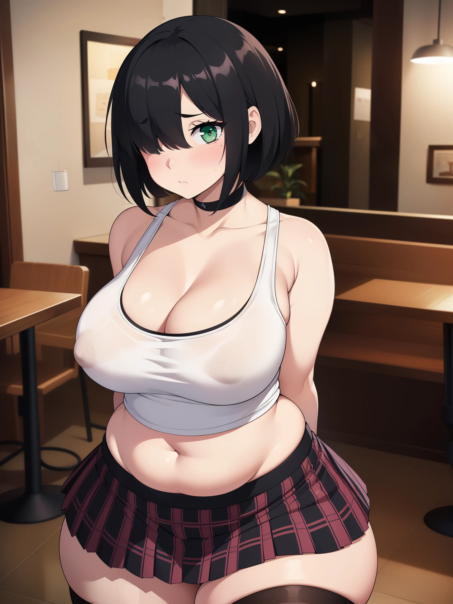 ((Masterpiece)), perfect anatomy, perfect shading, field of depth, (best quality), extremely delicate and beautiful, perfect lighting, detailed face, ultra cute face, cute, (cowboy shot 1.2), (((1girl))), ((solo)), looking at viewer,
short hair, messy hair, black hair, hair over eye, green eyes, black, goth girl, pale skin, ((blush)), shy, nervous, (tank top 1.5), (plaid pleated skirt 1.2), thigh highs, chocker, extremely tight clothes, cleavage, large breasts, ((wide hips)), (((thick thighs))), chubby,
coffee shop, intricate background, detailed background, arms behind back,
