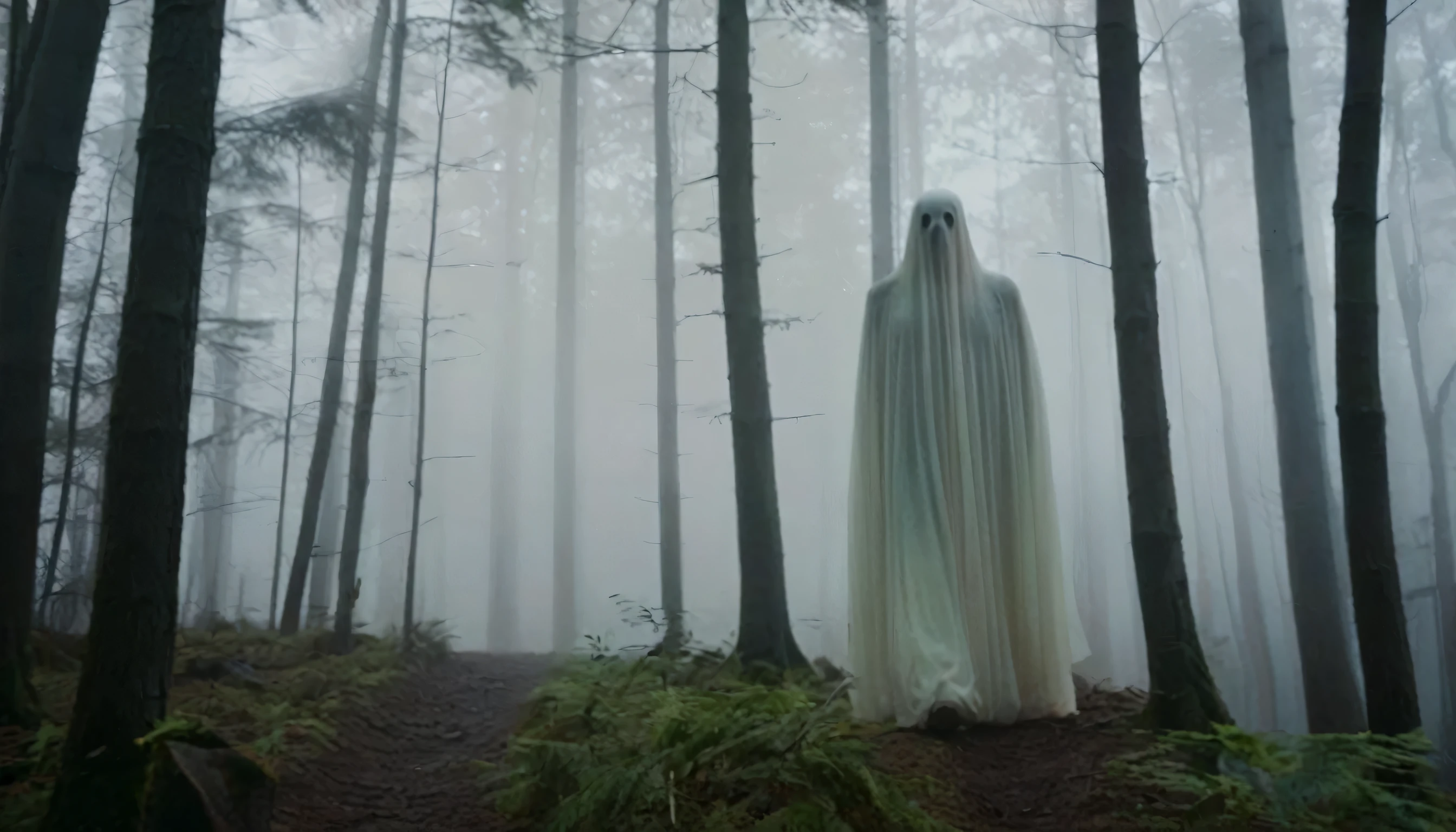 camera top view, a 60% translucent ghostly figure moving forward in the Forest Walking through a misty forest