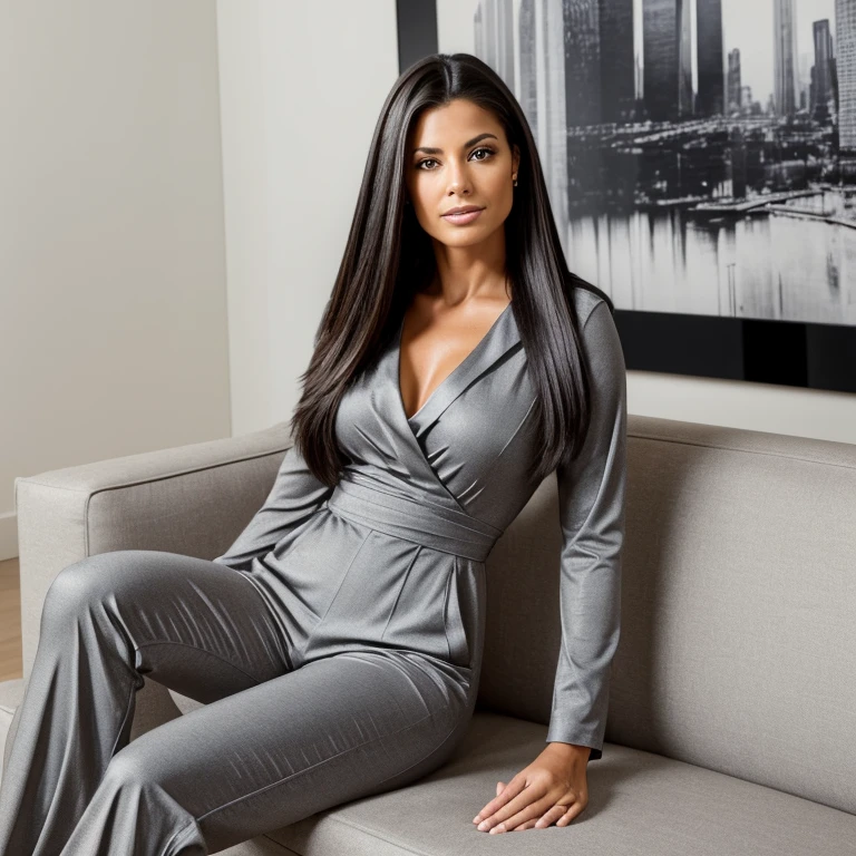 (masterpiece, high resolution, photo-realistic:1.3), Karla Jaeger exuding grace as she relaxes on a contemporary couch in a chic urban living room, her (mesmerizing gray eyes:1.2) reflecting the vibrant city lights outside, (sleek straight hair:1.2) framing her features with effortless elegance, clad in a (sophisticated jumpsuit:1.2) complemented by edgy accessories, modern art pieces adorning the walls, capturing the essence of urban sophistication
