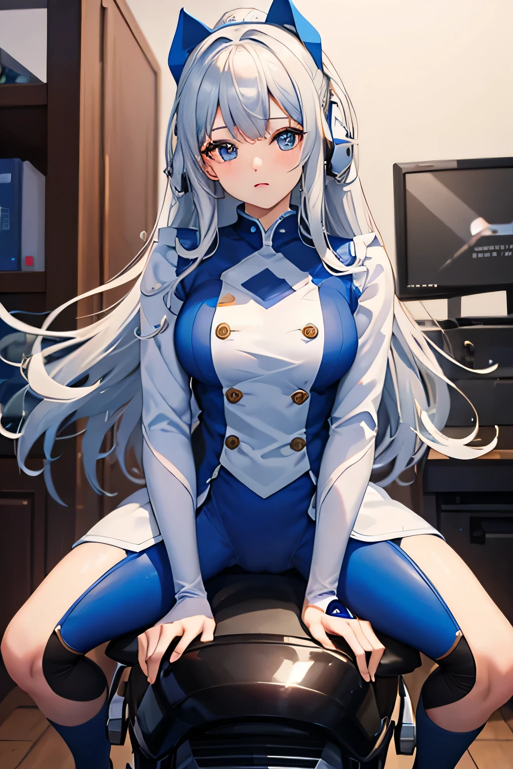 ((best quality)), ((masterpiece)), (detailed), perfect face, whole body, blue cosplay costume, house management, full machine, girl, ((riding machine))