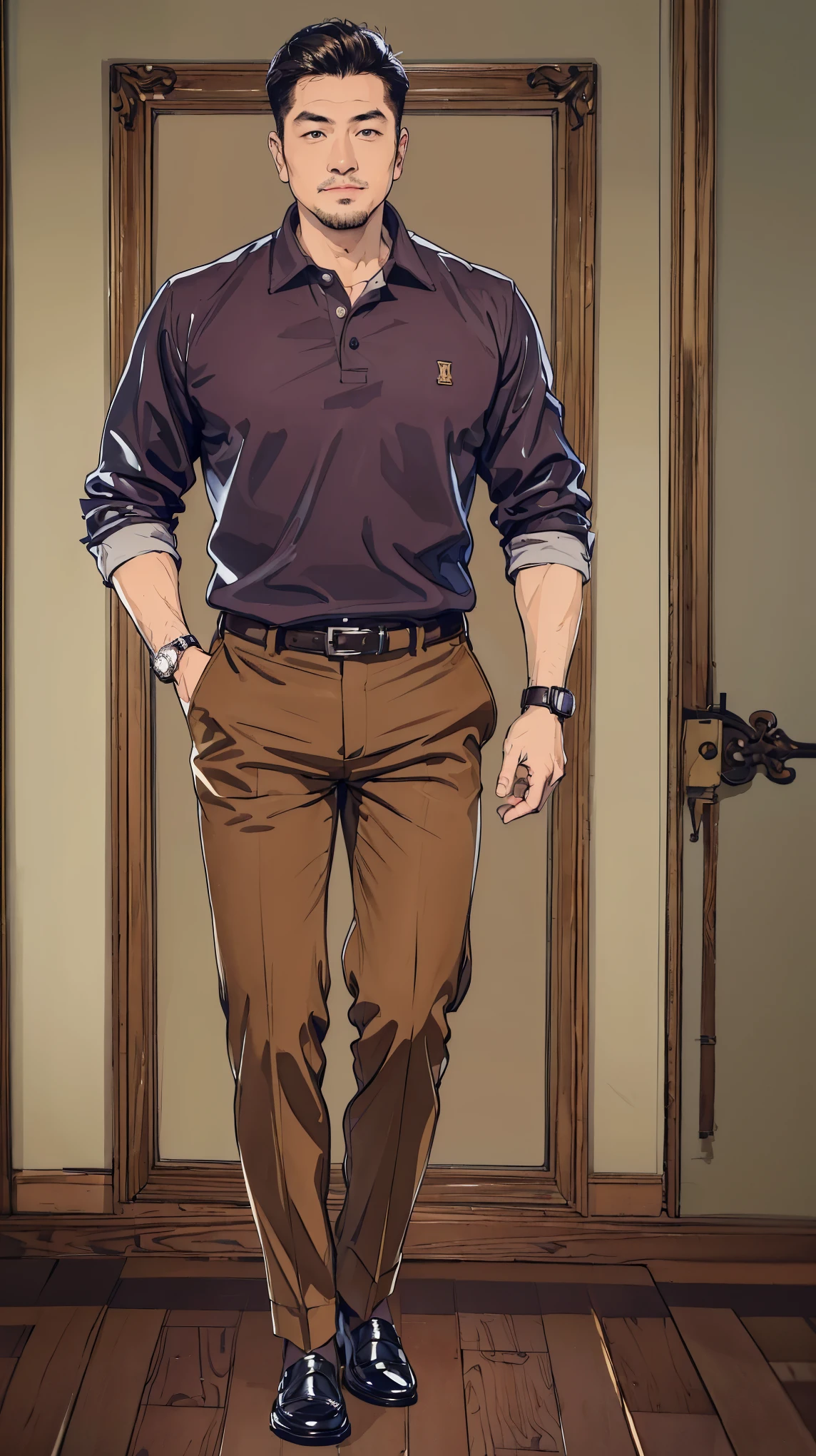 ((best quality,4k,highres,masterpiece:1.2)),((character concept art)), 1 male, 45-year-old Japanese-American man, tech billionaire, business tycoon, ((dark blond hair)), mix-Asian look, friendly, attractive, outgoing, lustful, womanizer, athletic body, tall, charming smile, light brown eyes, ((intricate detail)), super finely detailed hands, ultra finely detailed fingers(((ten fingers))), well-groomed and well-dressed, ((wearing a dark navy long-sleeve polo shirt from Brunello Cucinelli, white trousers from Loro Piana, and brown suede loafers. He's also wearing a luxury wristwatch)). He is standing confidently, (full body showcase), (show full body), (no logos on background), (no logo), ((plain background)), ((plain background)), (((empty background))).