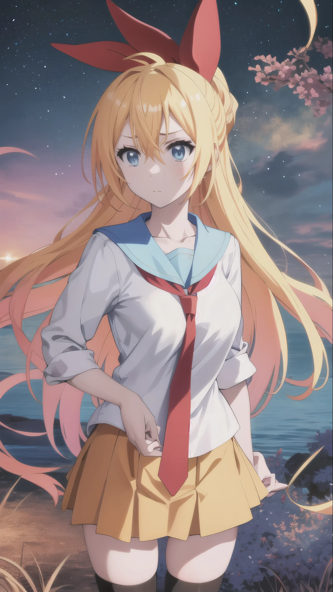 masterpiece, best quality, highres, BREAK
,expressionless,horror grasslands daytime, , ruby, pale, silver theme, , , meditation pose,, breasts,BREAK,
 kirisaki chitoge, , serafuku, orange tie, light blue skirt, black thighhighs