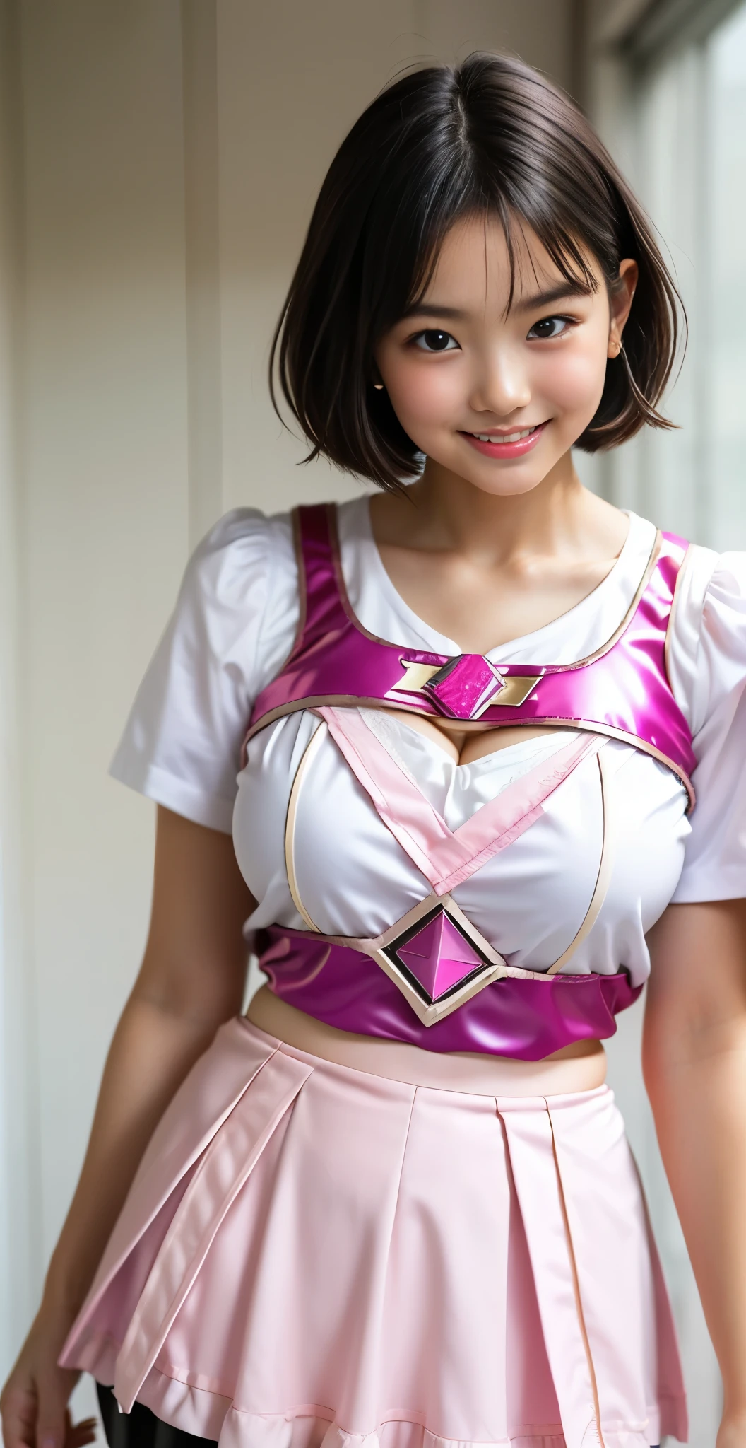 （8K、Raw photography、highest quality、masterpiece：1.2),(black haired、very short hair:1.8),(twin tails:1.3)、show viewer,Looking at the front,erotic,白いskin,(Wearing a shiny pink ranger costume:1.9)、(no background)、(Clothing that emphasizes the shape of your chest、publish one&#39;skin:1.4)、(big breasts :1.4)、slim body shape、ultra high resolution,beautiful,beautiful fece,(alone、no background:1.9),whole bodyボディー,japanese woman,（Photoreal：1.37）、photon mapping,reality、(Baby-faced and cute: 1.5)、(cute smile: 1.7)、(With a round face: 1.8)、radio city、Physically based rendering、depth of field rally background、photograph, (I can see your knees、too short skirt、I can see white panties、close up of thighs:1.8),whole body、super fine