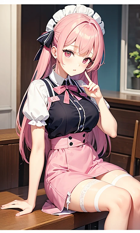 girl sitting, long pink hair with pompadour, pink eyes, maid outfit and a cupcake in her hands