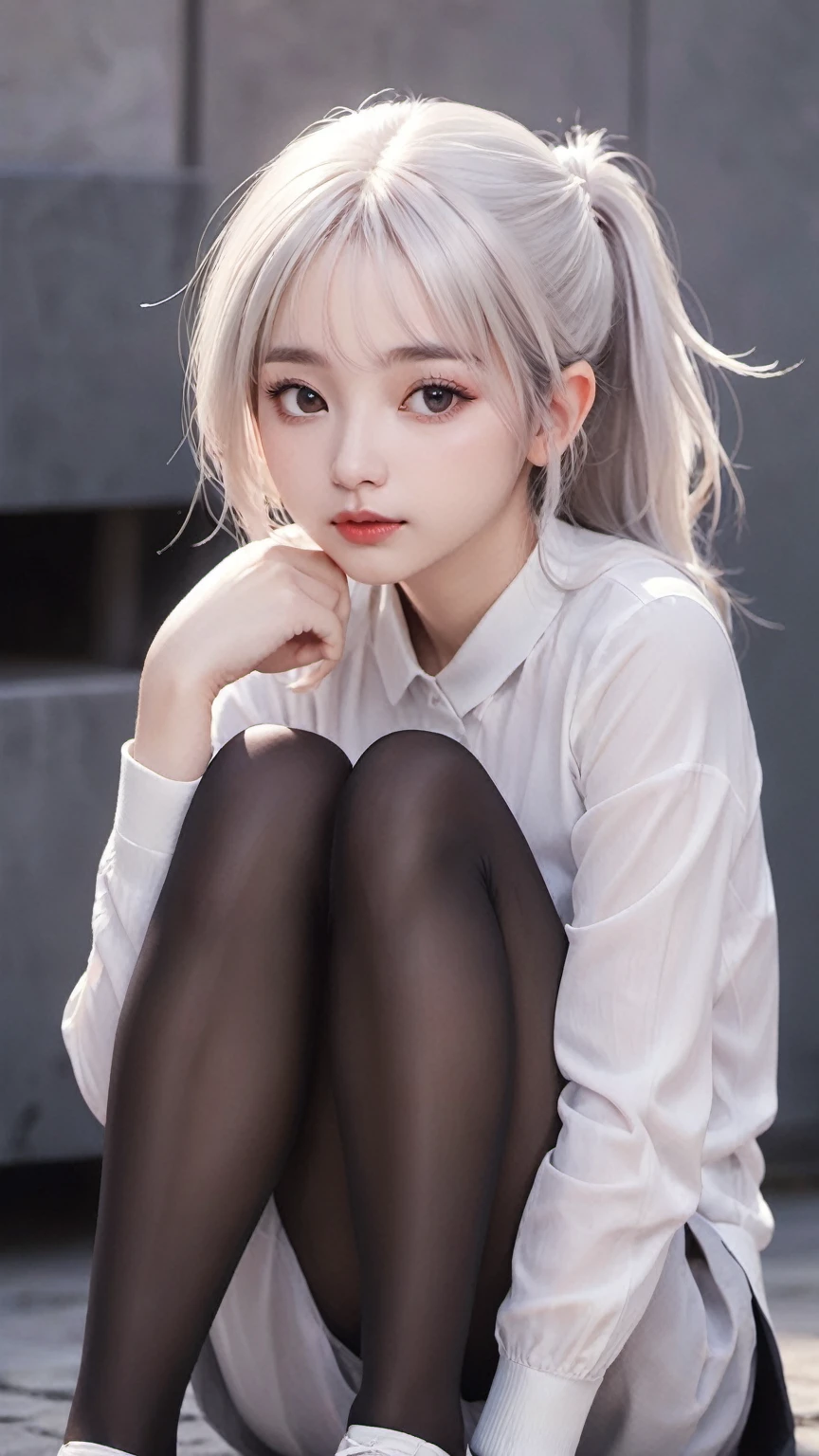 Cute girl sitting on the ground with her head in her hands, visual of a cute girl, the cute girl is crouching, elf girl, pretty character, female pretty character, an elf, high quality realistic artstyle, a portrait of an elf, young pretty girl. Realistic.