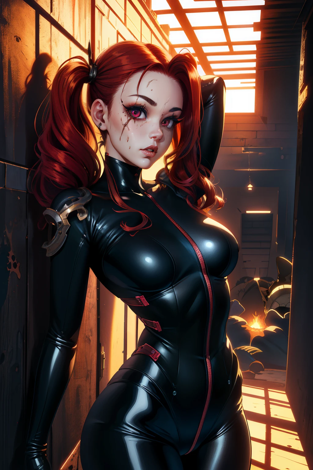 DollFace, Doll Mask, (extremely detailed CG unity 4k wallpaper),(masterpiece),(best quality),(ultra-detailed),(best illustration),(best shadow),(absurdres),(detailed background), Detailed face, Detailed hair, super detailed, Black skintight suit, Long Dirty red hair (Pig Tails), Dark Horror theme, Anime,