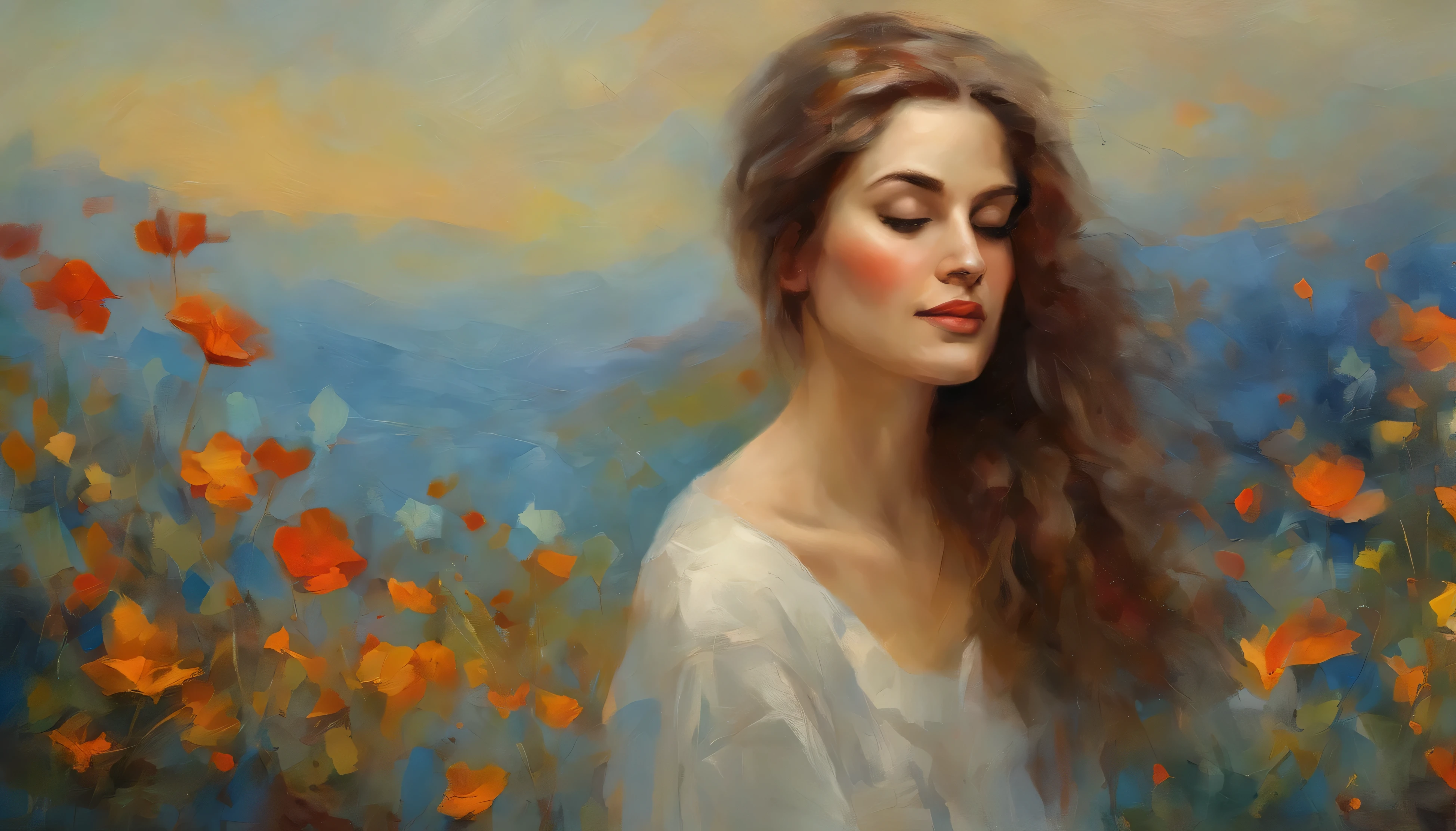 obra prima、qualidade superior、morning、passear。(spark:0.7), Paisagens, uma garota sentada na grama, segurando um baixo, ticando baixo, calm expression, garota branca com olhos castanhos e cabelos vermelhos cacheados, garota de cabelo curto, 1garota, 1girl, lilies, roupas Indie, arte impressionista, oil paint, colorido, cabelo pintado, cabelo curto, androgynous, androgynous girl, cabelo cacheado, sorrindo, blue sky in the background, jamming to music, feliz, serenidade