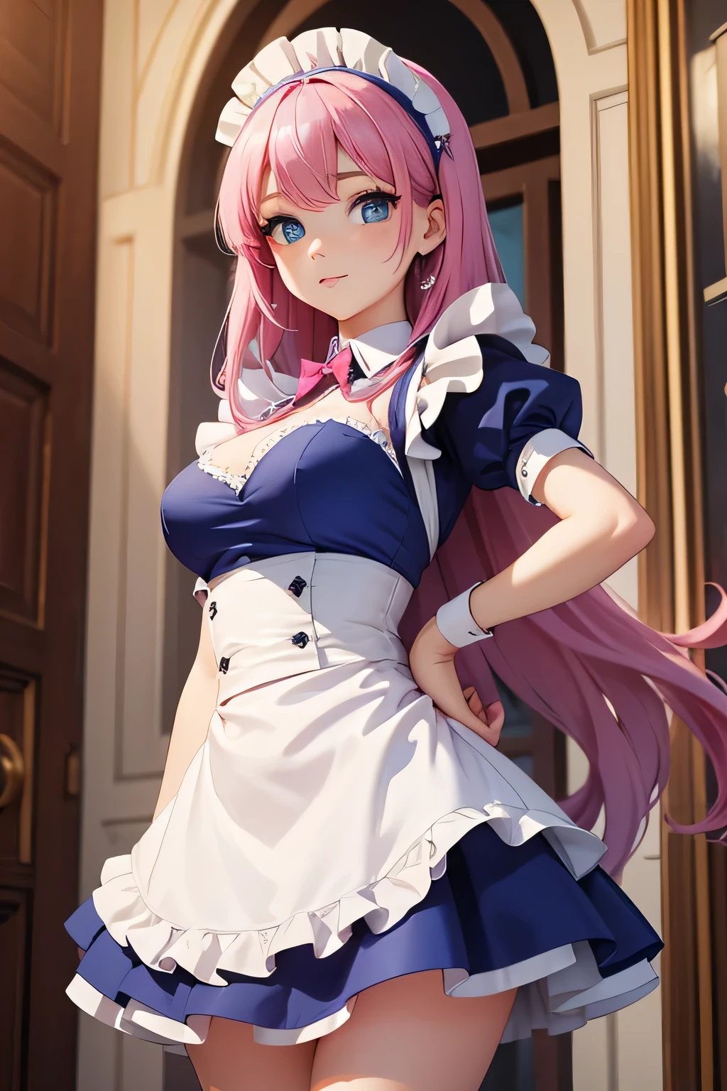 beautiful girl, slim hourglass frame, shimmering deep blue sapphire eyes, long flowing pink hair, fair skin, maid, maid dress, short maid dress, sexy maid dress, sexy