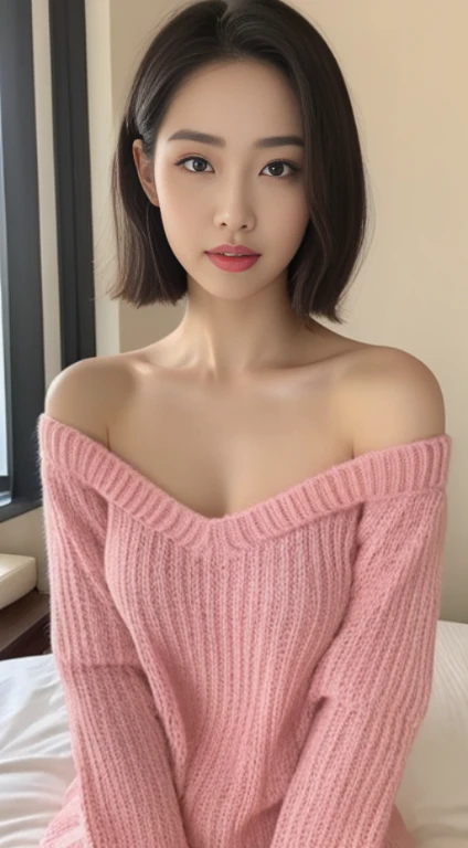 （（top quality，8K，masterpiece：1.3）），beautiful woman，hide your face，1个Giant Breast Girl，Beautiful big breasts：1.3，slim abs：1.1，camisole，，long black hair，（Kneel on the bed），Very rich facial details，highly detailed lips，delicate eyes，double eyelids，Pink knit sweater