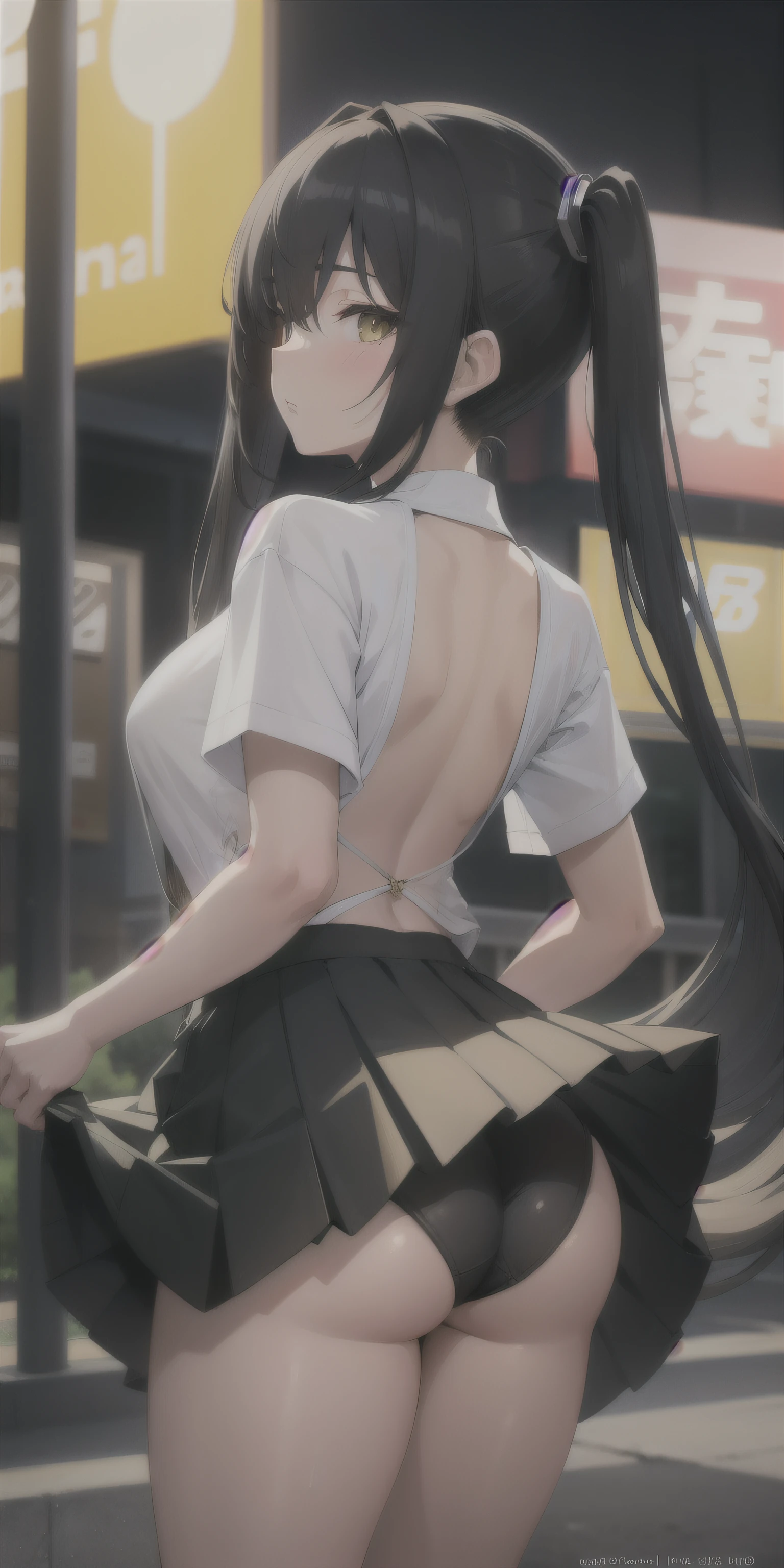 masterpiece, best quality, 1girl, solo, blush, twintails, long green-black hair, hair between eyes, ((streetwear clothes)), city, outdoors, night, movie poster, extremely detailed 8K, smooth, high resolution, ultra quality, cinematic lighting, ambient occlusion, hd, 2k, 4k, 8k, 16k, extremely detailed anime, detailed faces, perfect composition, wide shot, atmospheric lighting, very sexy, lift skirt, random low back angle, uncensored, nsfw