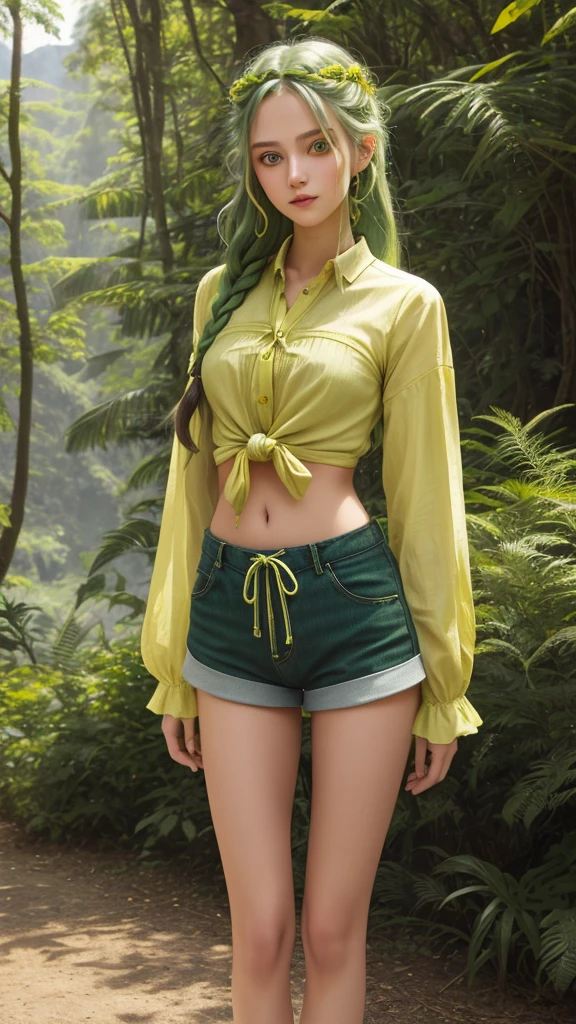 Teenage girl, old green braid, yellow eyes, gorgeous face, knotted shirt, shorts, skinny, pretty belly, slim legs, standing natural scenic spots, 30k, exquisite clothing details, high profile.