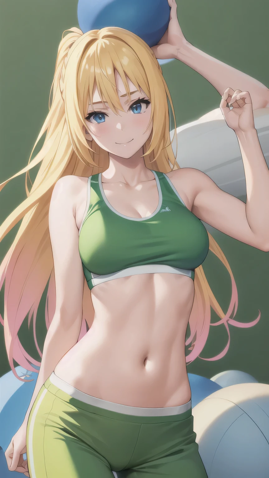 blonde hair,blue eyes,masterpiece, best quality, photorealistic, yujiasuit, yoga sports bra, yoga pants, 1girl, solo, , yoga ball, pants, looking at viewer, smile, green sports bra, simple background, , midriff, long hair, breasts, green pants, sportswear, tank top, upper body,