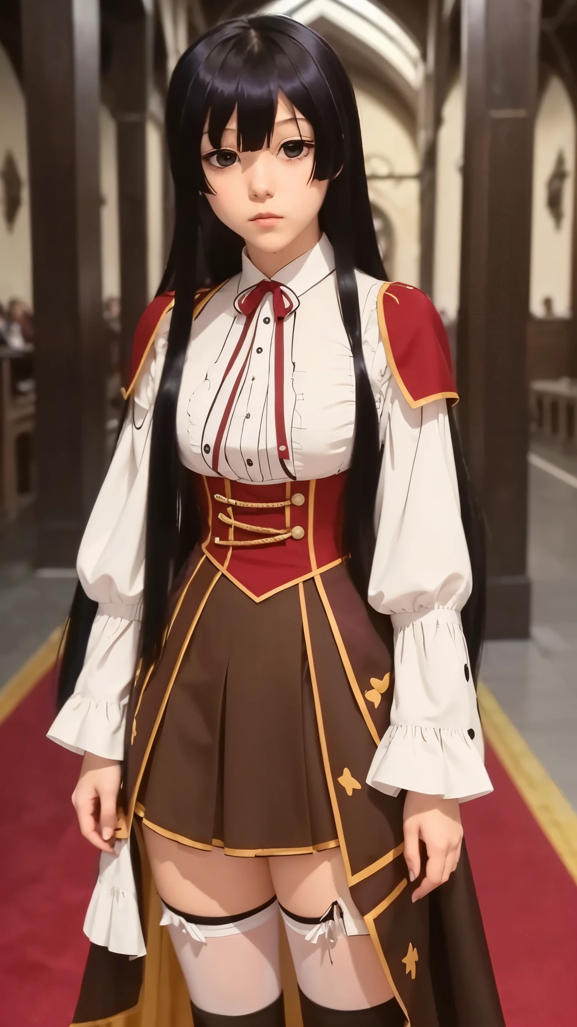 eumi, 1girl, solo, long hair, blunt bangs,bangs, black hair, black eyes, looking at viewer,
shirt, long sleeves, ribbon, closed mouth, , white shirt, pleated skirt, frills, puffy sleeves, brown skirt, black thighhighs, red ribbon, neck ribbon, expressionless,