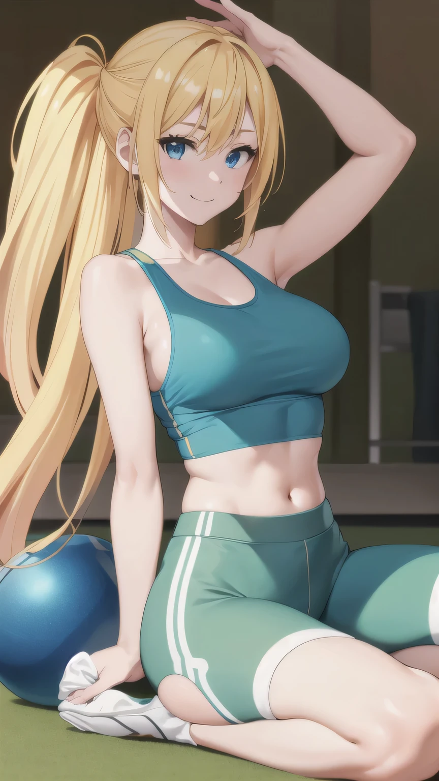 blonde hair,blue eyes,masterpiece, best quality, photorealistic, yujiasuit, yoga sports bra, yoga pants, 1girl, solo, , yoga ball, pants, looking at viewer, smile, green sports bra, simple background, , midriff, long hair, breasts, green pants, sportswear, tank top, upper body,