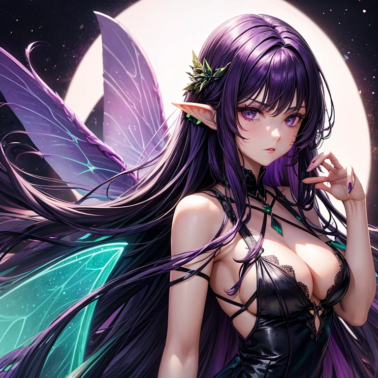 You can make a 25 year old Fairy woman. Long dark purple hair, black eyes, serious look. Make her wear a long green dress and make her fairy wings purple.