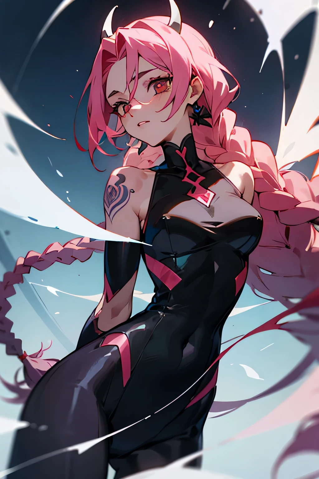 Personagem de anime demonio rosa de 20 anos 2D , rosto perfeito , vestindo body curto sexy preto com rosa , with mystical tattoos , Long braided hair , fundo da imagens transparente