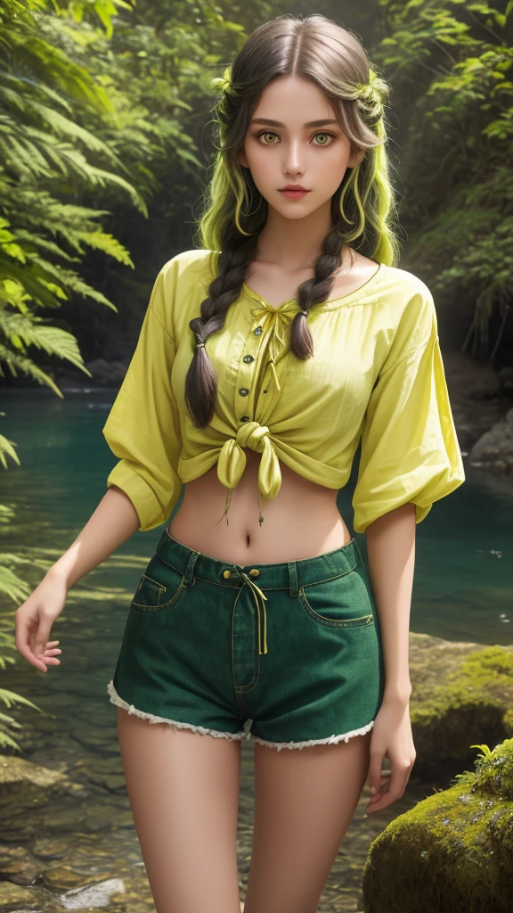 Teenage girl, old green braid, yellow eyes, gorgeous face, knotted shirt, shorts, skinny, pretty belly, slim legs, standing natural scenic spots, 30k, exquisite clothing details, high profile.