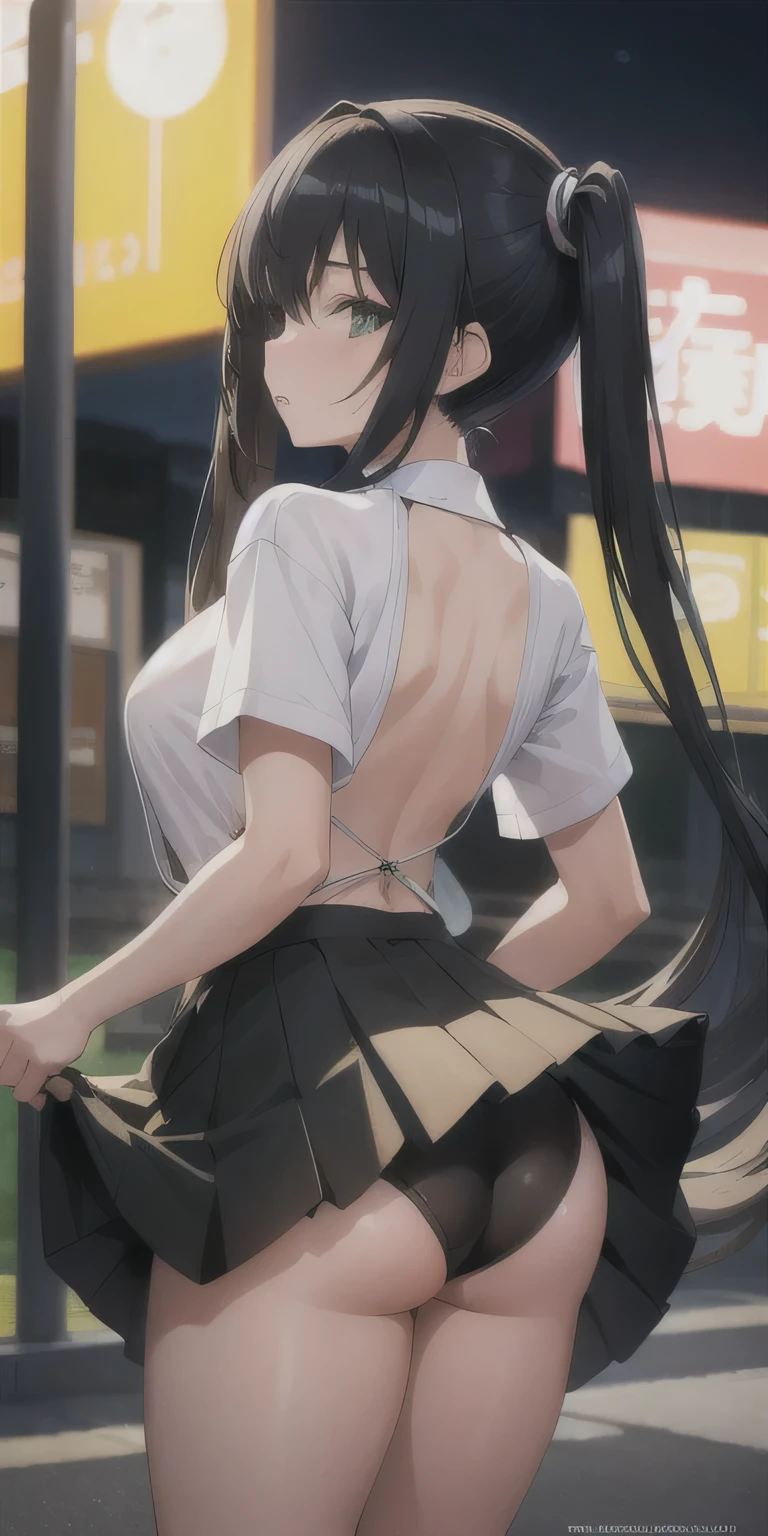 masterpiece, best quality, 1girl, solo, blush, twintails, long green-black hair, hair between eyes, ((streetwear clothes)), city, outdoors, night, movie poster, extremely detailed 8K, smooth, high resolution, ultra quality, cinematic lighting, ambient occlusion, hd, 2k, 4k, 8k, 16k, extremely detailed anime, detailed faces, perfect composition, wide shot, atmospheric lighting, very sexy, lift skirt, random low back angle, uncensored, nsfw