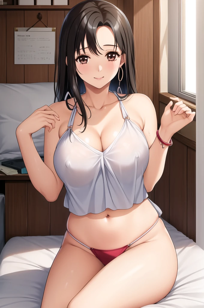 Natsuko Masaki Natsuko Masaki | Doukyuusei Remake Classmate Remake, masterpiece, best quality, an attractive sexy mature woman showing naked nipples in white blouse lying on couch, 1girl, breasts, solo, nipples, underwear, thong panties, jewelry, bracelet, red face, cleavage, navel, ring, looking at viewer, shy smile, earrings