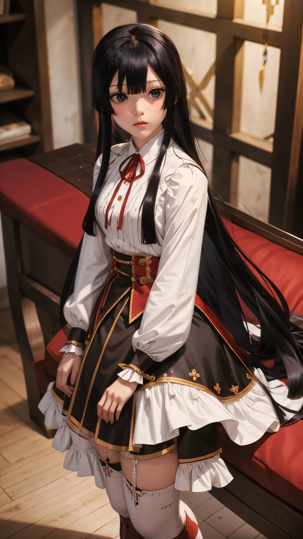 eumi, 1girl, solo, long hair, blunt bangs,bangs, black hair, black eyes, looking at viewer,
shirt, long sleeves, ribbon, closed mouth, , white shirt, pleated skirt, frills, puffy sleeves, brown skirt, black thighhighs, red ribbon, neck ribbon, expressionless,