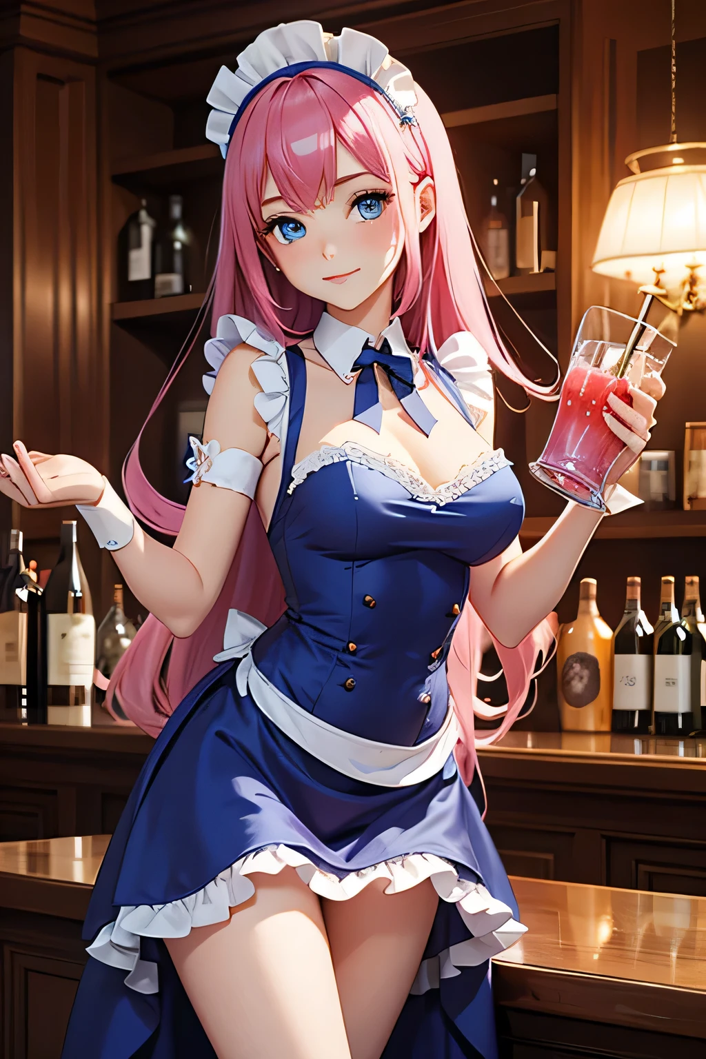 beautiful girl, slim hourglass frame, shimmering deep blue sapphire eyes, long flowing pink hair, fair skin, maid, maid dress, short maid dress, sexy maid dress, sexy, drink, bartender, making drink