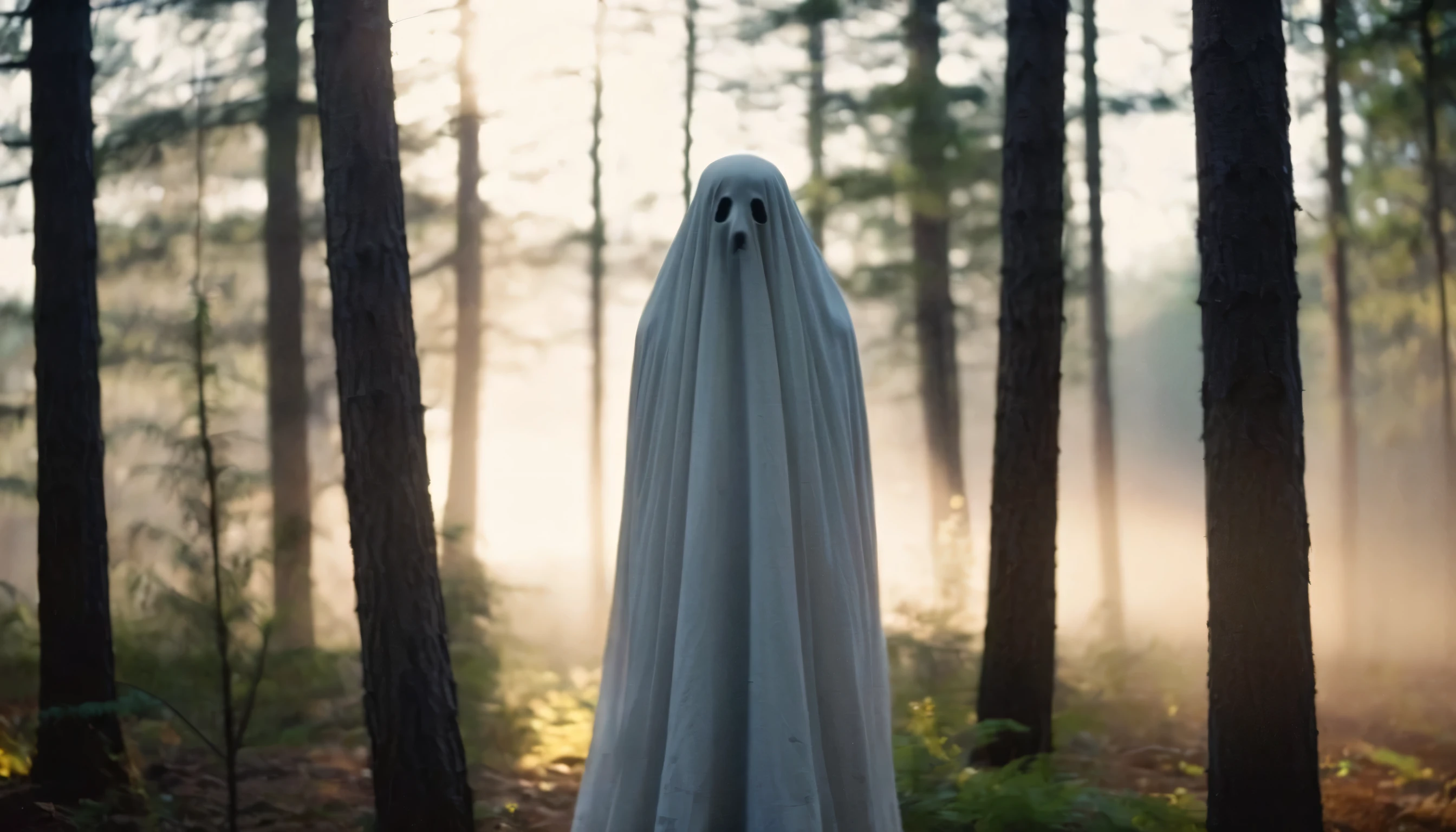 Best Horror Cinematography 35mm Lens Movie Stills,Painting of a ghost in the forest walking towards the camera,Kodak film style, Shallow depth of field, vignette, Very detailed, high budget, Bokeh, Widescreen movies, moody, epic, Gorgeous, film grain, grainy