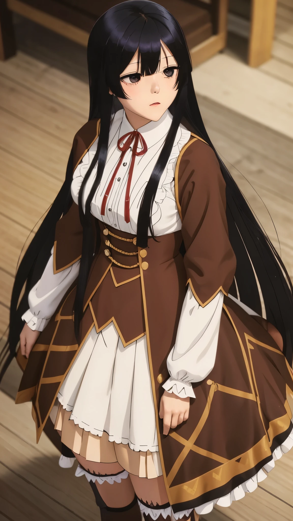 eumi, 1girl, solo, long hair, blunt bangs,bangs, black hair, black eyes, looking at viewer,
shirt, long sleeves, ribbon, closed mouth, , white shirt, pleated skirt, frills, puffy sleeves, brown skirt, black thighhighs, red ribbon, neck ribbon, expressionless,