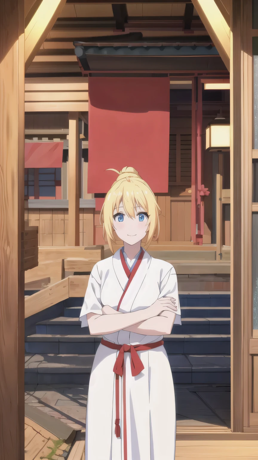 blonde hair,blue eyes, in miko clothes cleaning the entrance of the Temple, , long hair, ponytail, white robe, (red hakama;1.45), straw broom, Tsurugaoka Hachimangu Temple, cute, kawaii, beautiful, smile posing, looking at viewer, (masterpiece, best quality:1.5) ,high resolution, extremely detailed, trending on pixiv, masterpiece, cinematic lighting, (anime art style:1.45),
